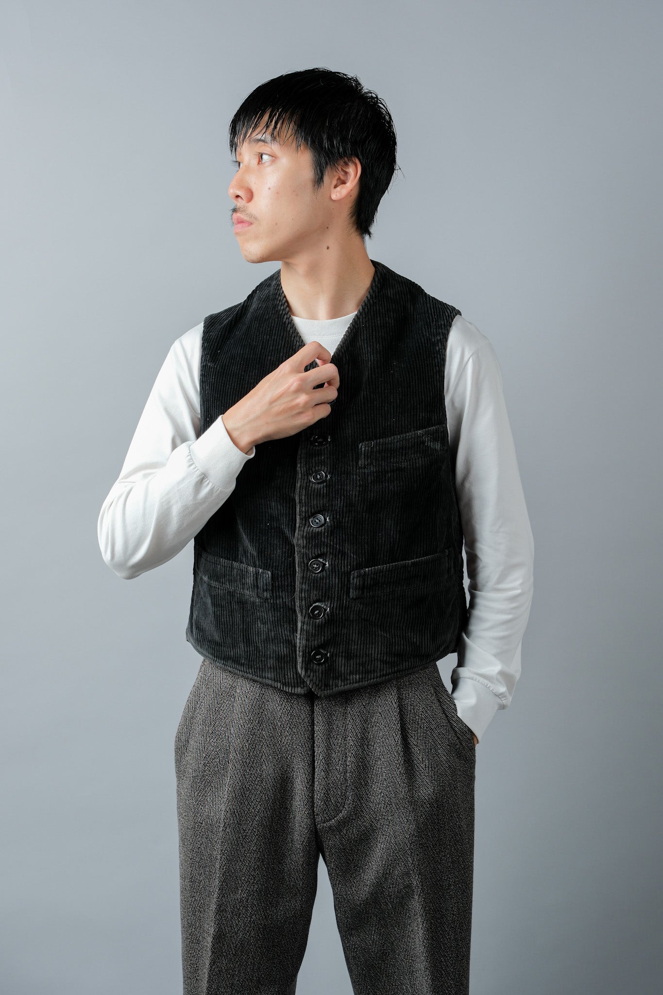 【~40's】French Vintage Black Corduroy Work Gilet "Adolphe Lafont"