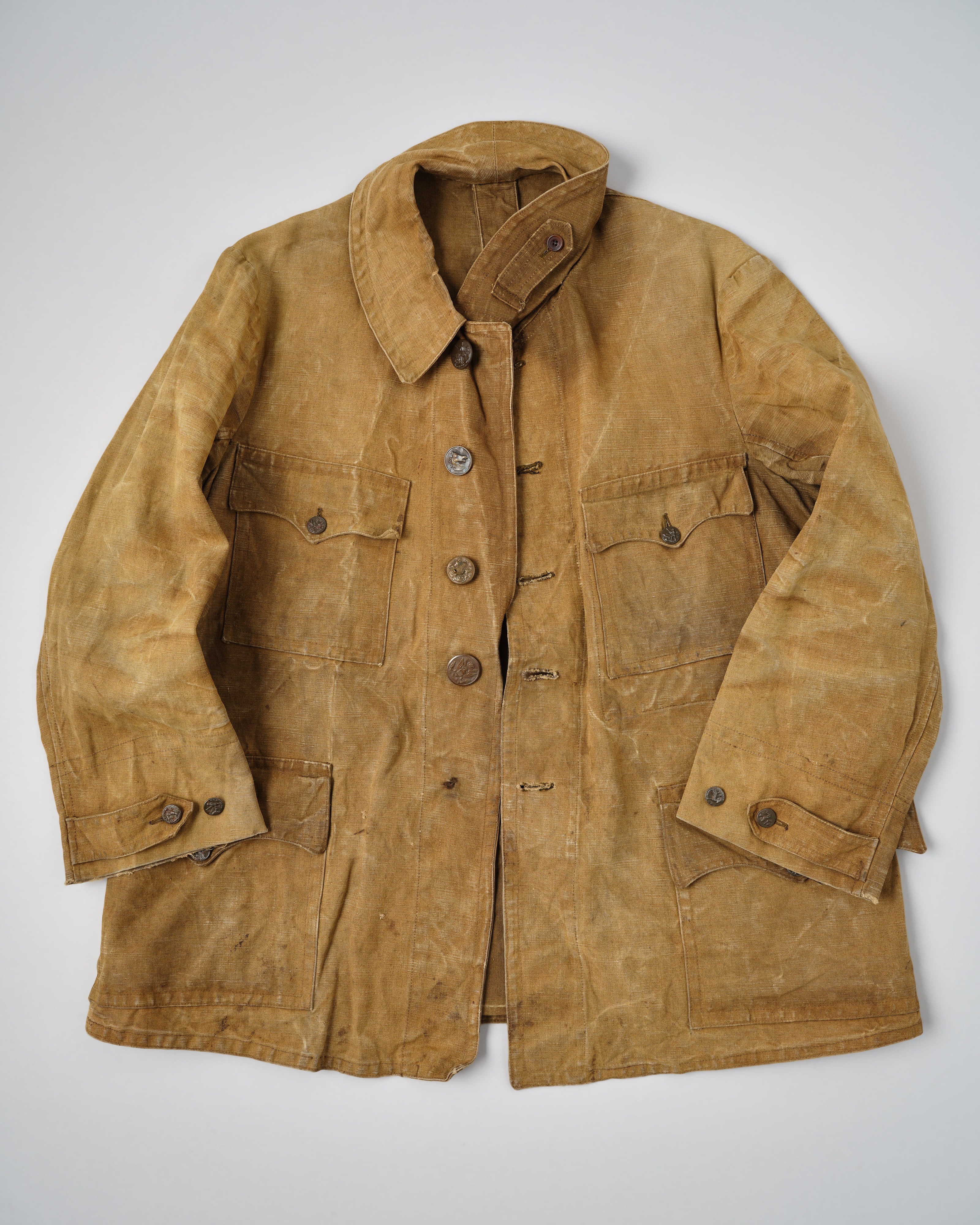 【~30’s】French Vintage Linen Canvas Hunting Jacket With Chin Strap