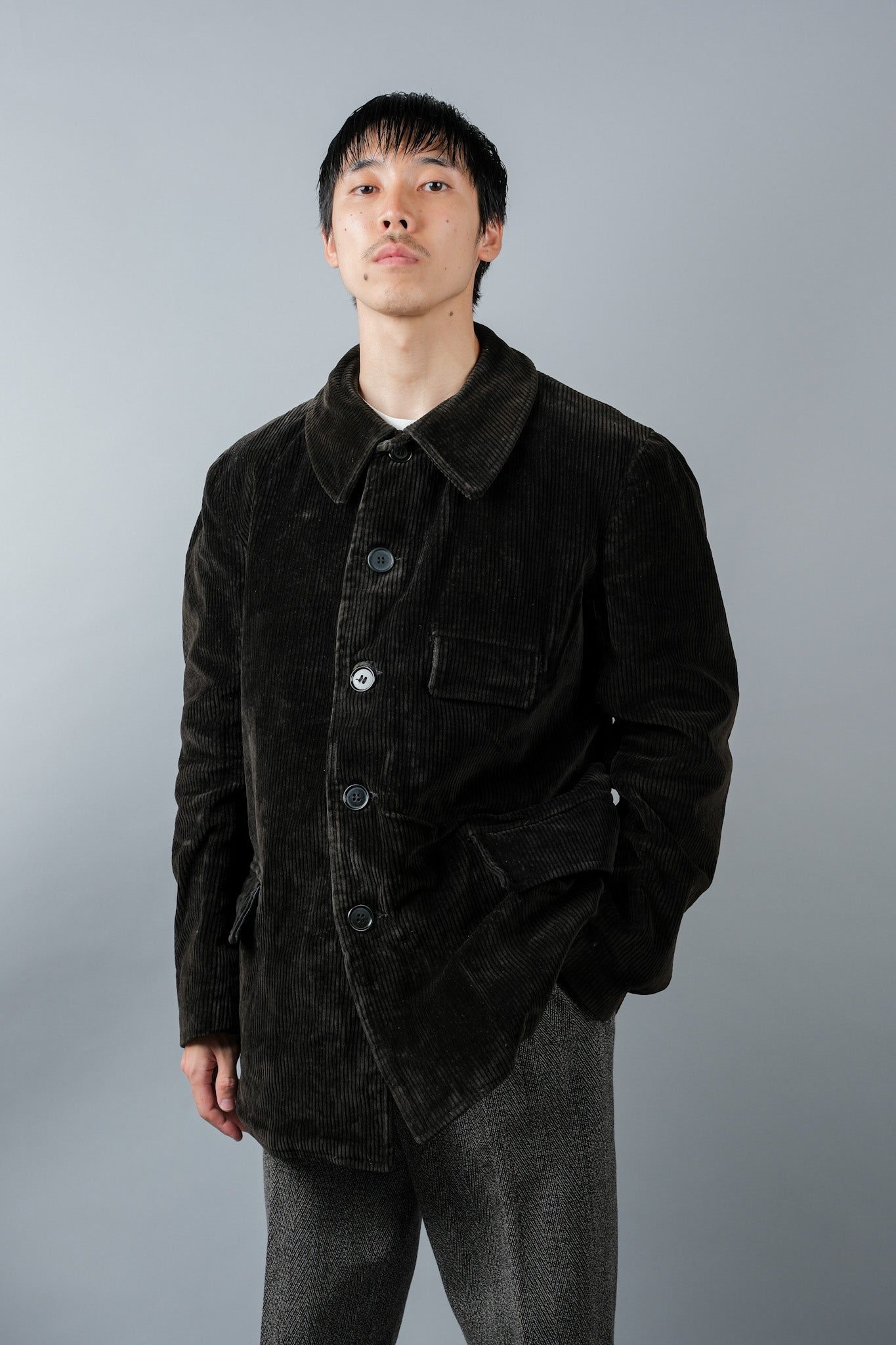 【~40's】French Vintage Dark Brown Corduroy Work Jacket Size.46 "Adolphe Lafont"