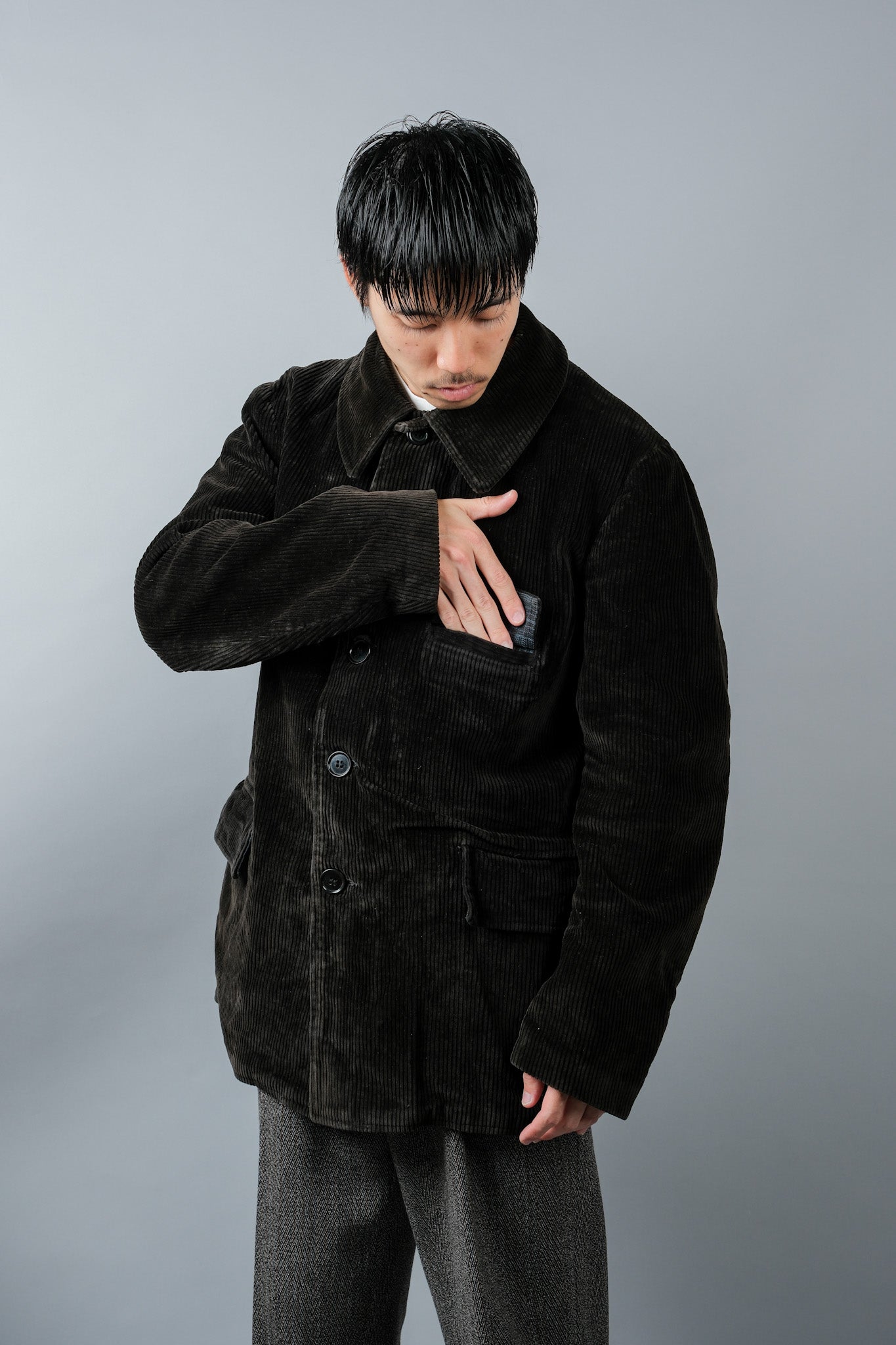 【~40's】French Vintage Dark Brown Corduroy Work Jacket Size.46 "Adolphe Lafont"
