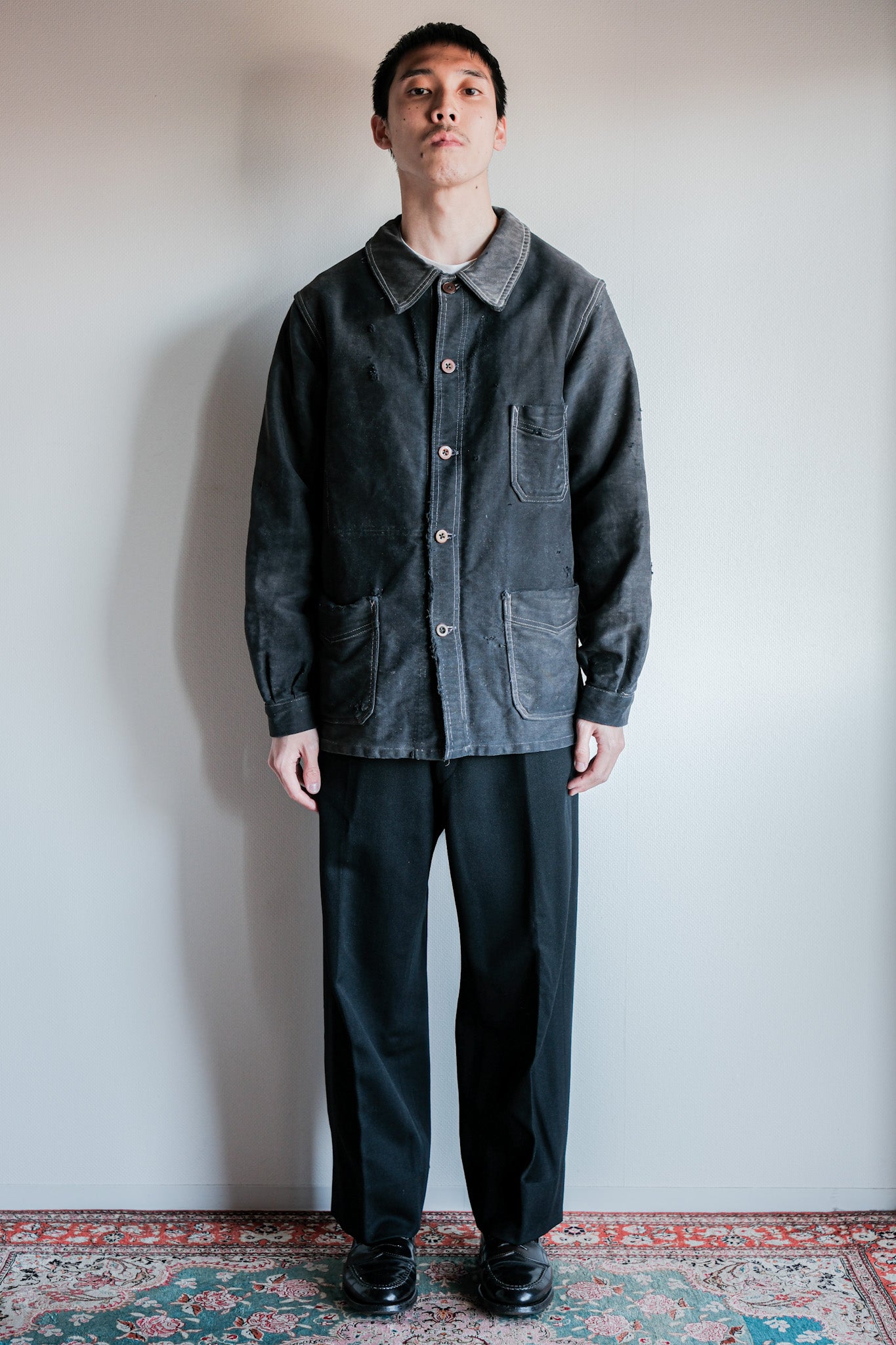 【~40's】French Vintage Black Moleskin Work Jacket "Boro"