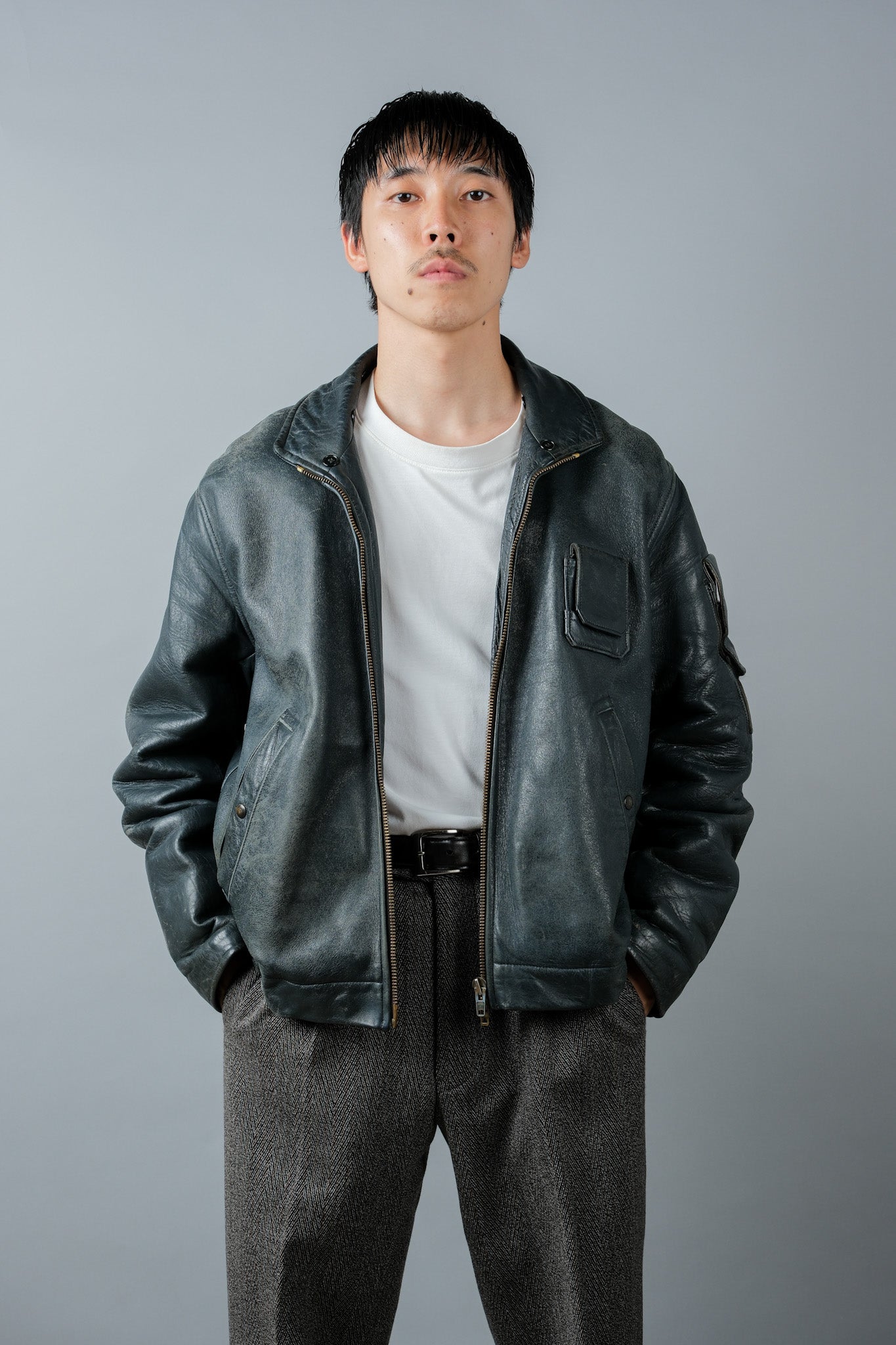 【~70's】French Air Force Pilot Leather Jacket Size.96M