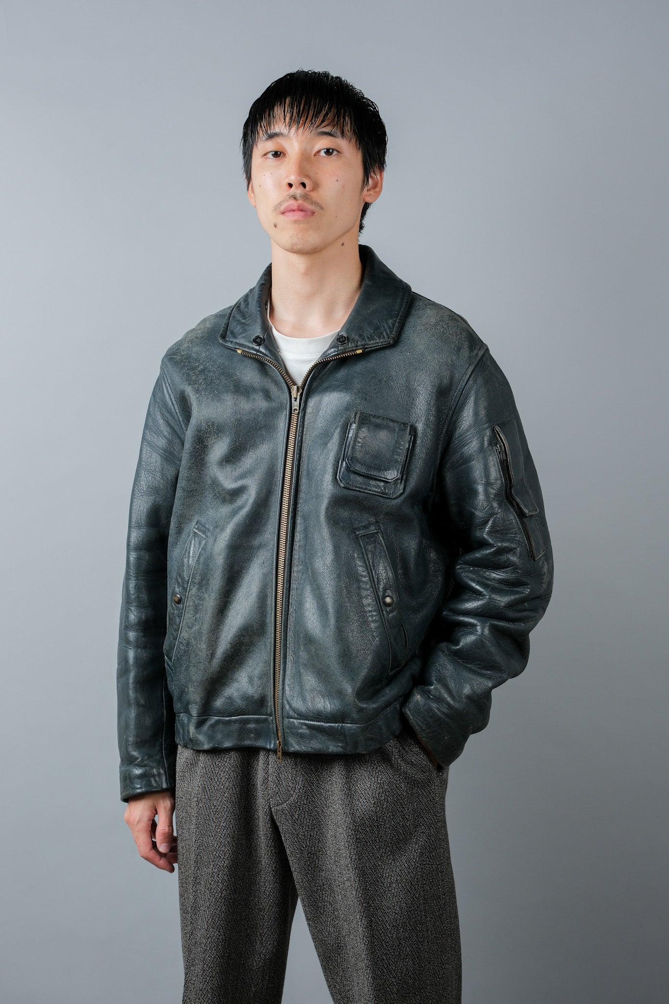 【~70's】French Air Force Pilot Leather Jacket Size.96M