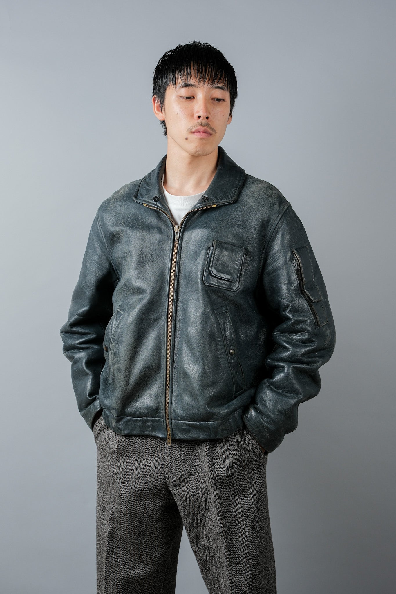 【~70's】French Air Force Pilot Leather Jacket Size.96M