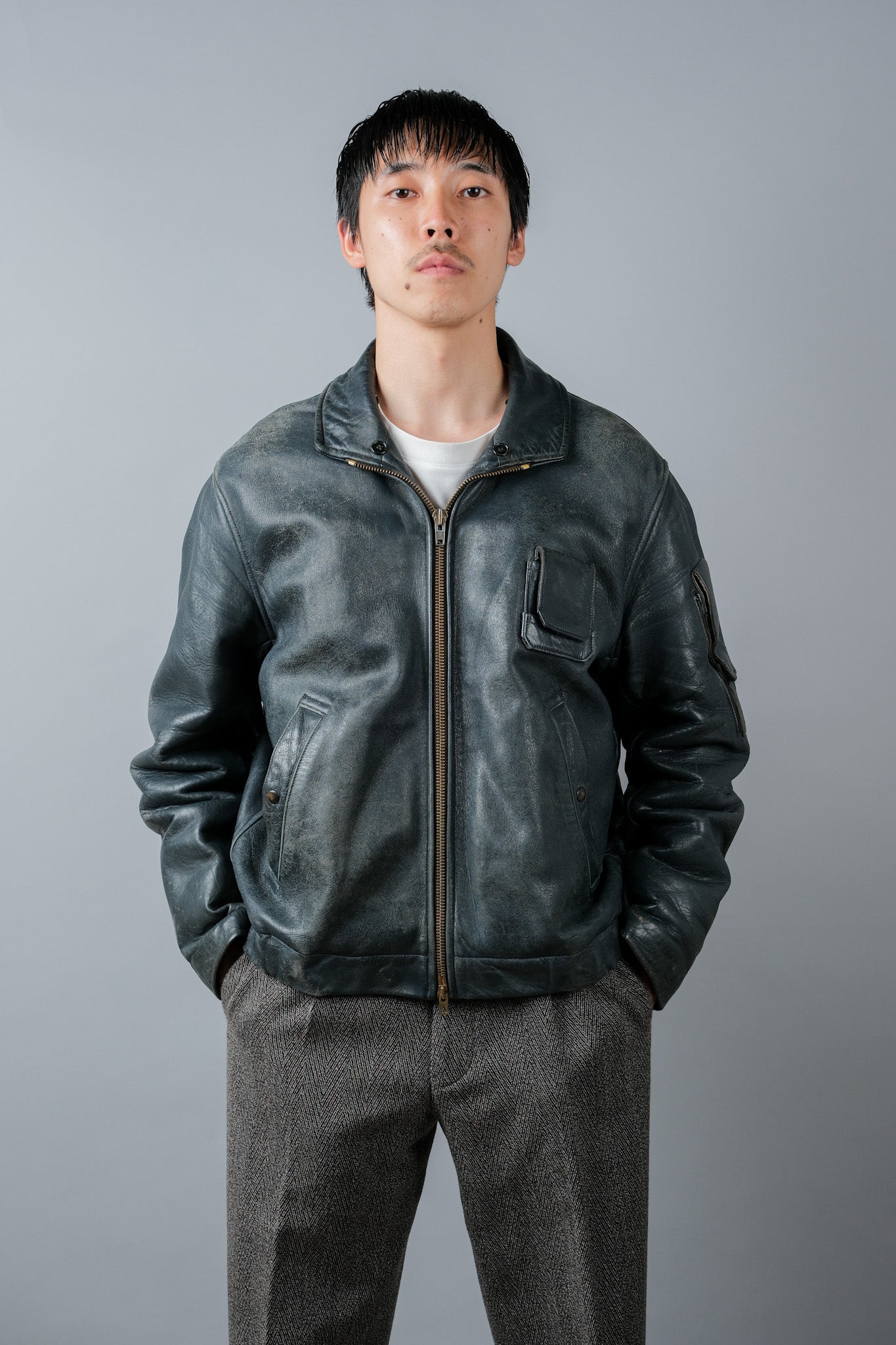 【~70's】French Air Force Pilot Leather Jacket Size.96M