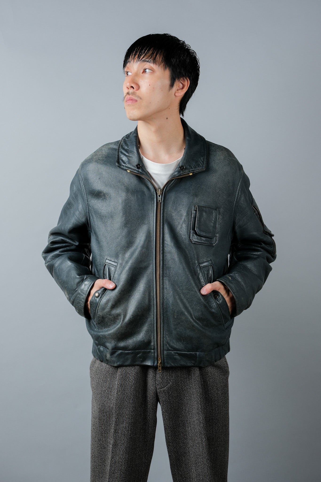 【~70's】French Air Force Pilot Leather Jacket Size.96M