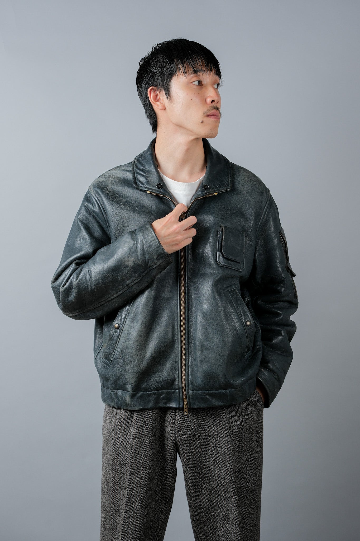 【~70's】French Air Force Pilot Leather Jacket Size.96M