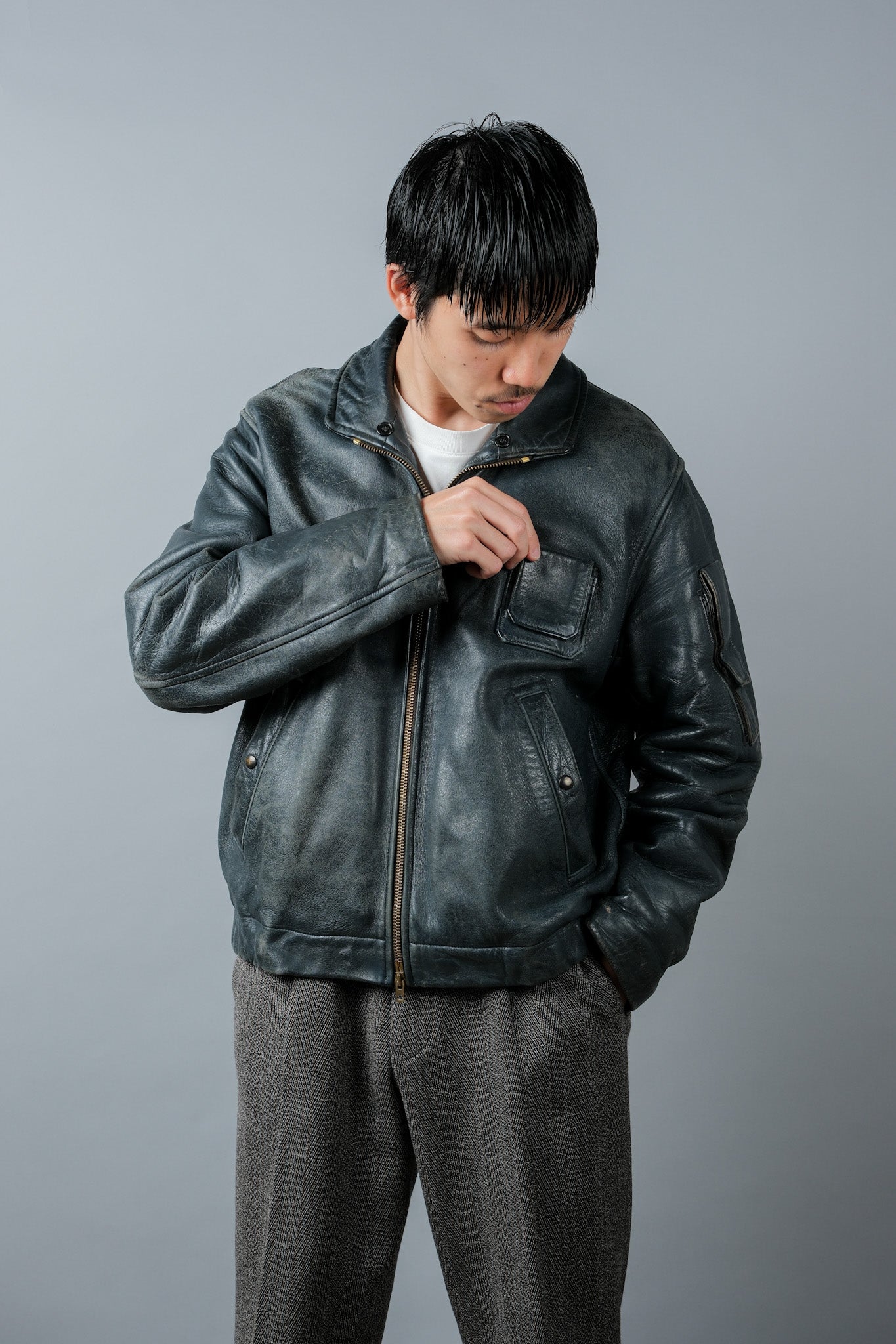 【~70's】French Air Force Pilot Leather Jacket Size.96M