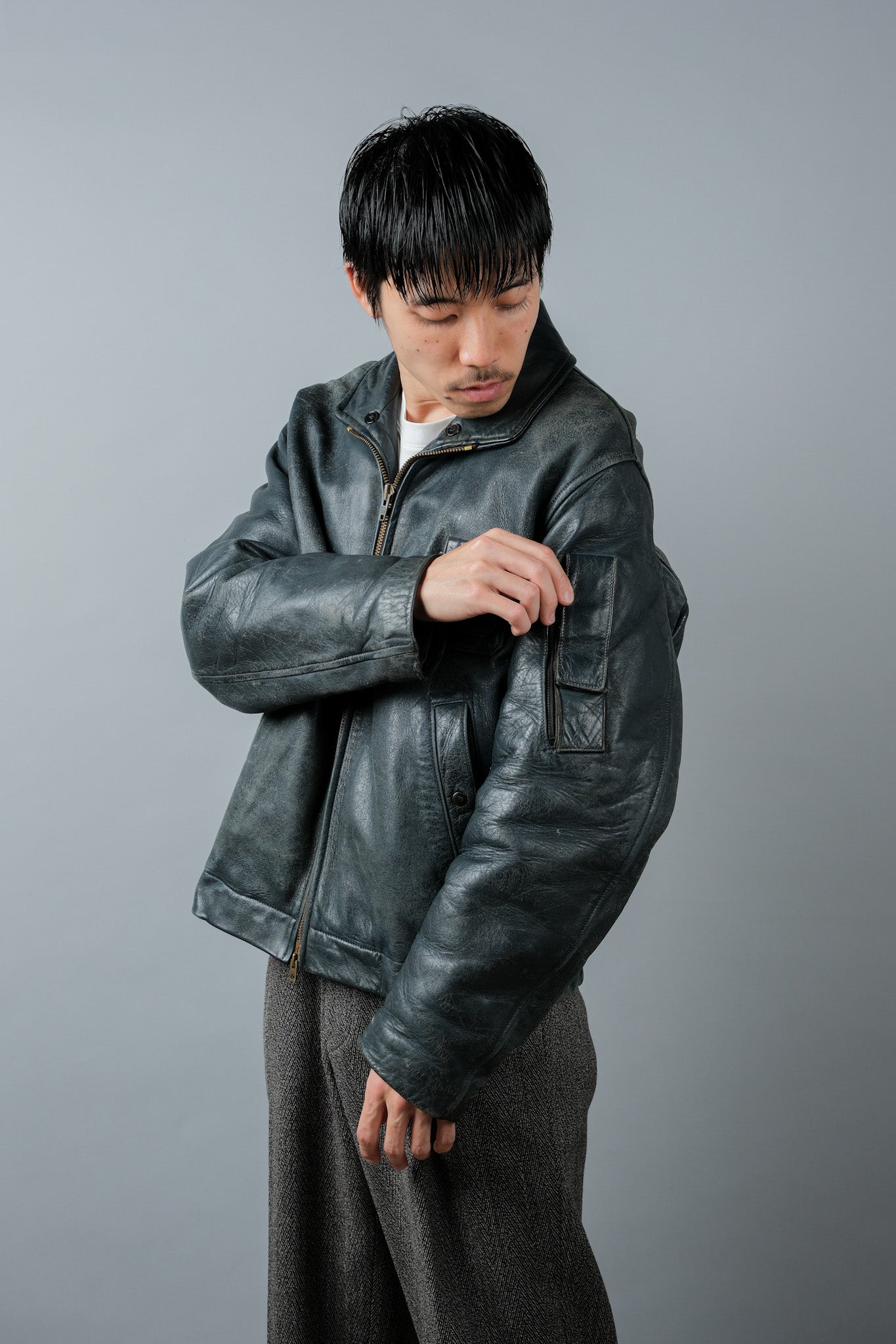 【~70's】French Air Force Pilot Leather Jacket Size.96M