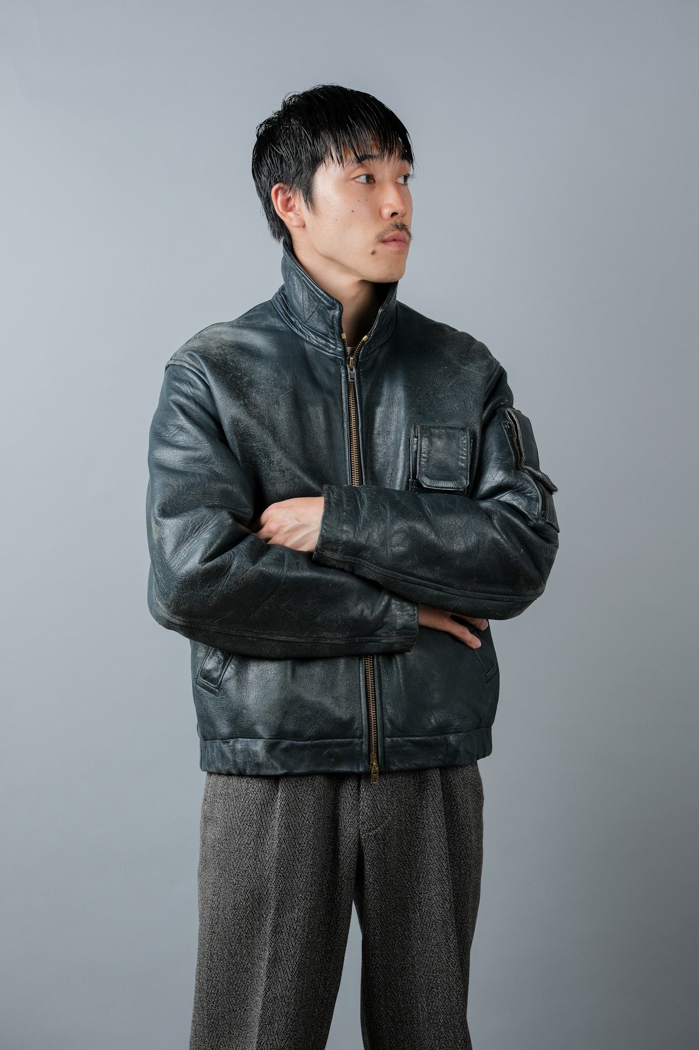 【~70's】French Air Force Pilot Leather Jacket Size.96M