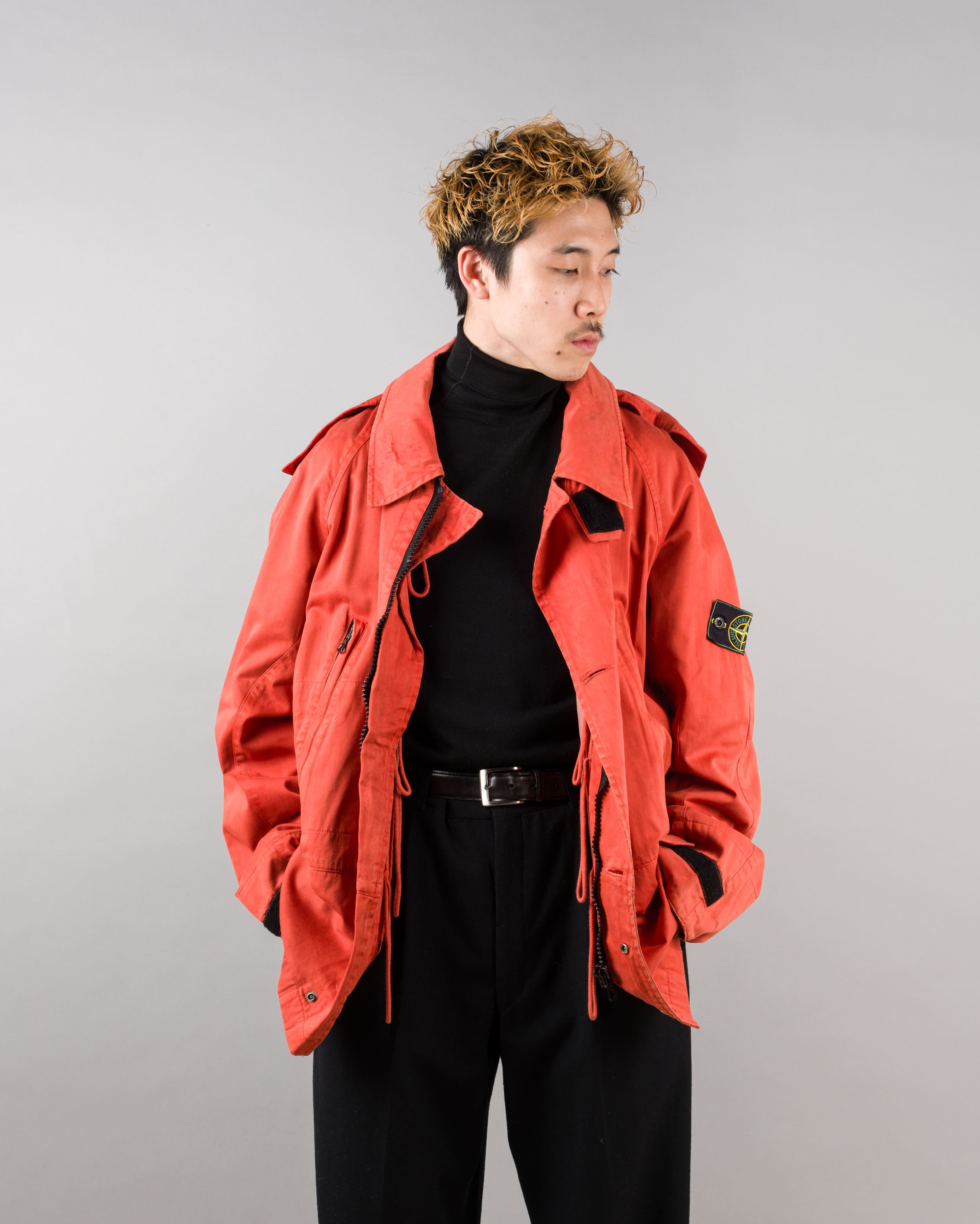 【96AW】Old STONE ISLAND Garment Dyed Detachable Hood Raglan Sleeve Cotton Jacket Size.M "RASO GOMMATO" "Green Edge"