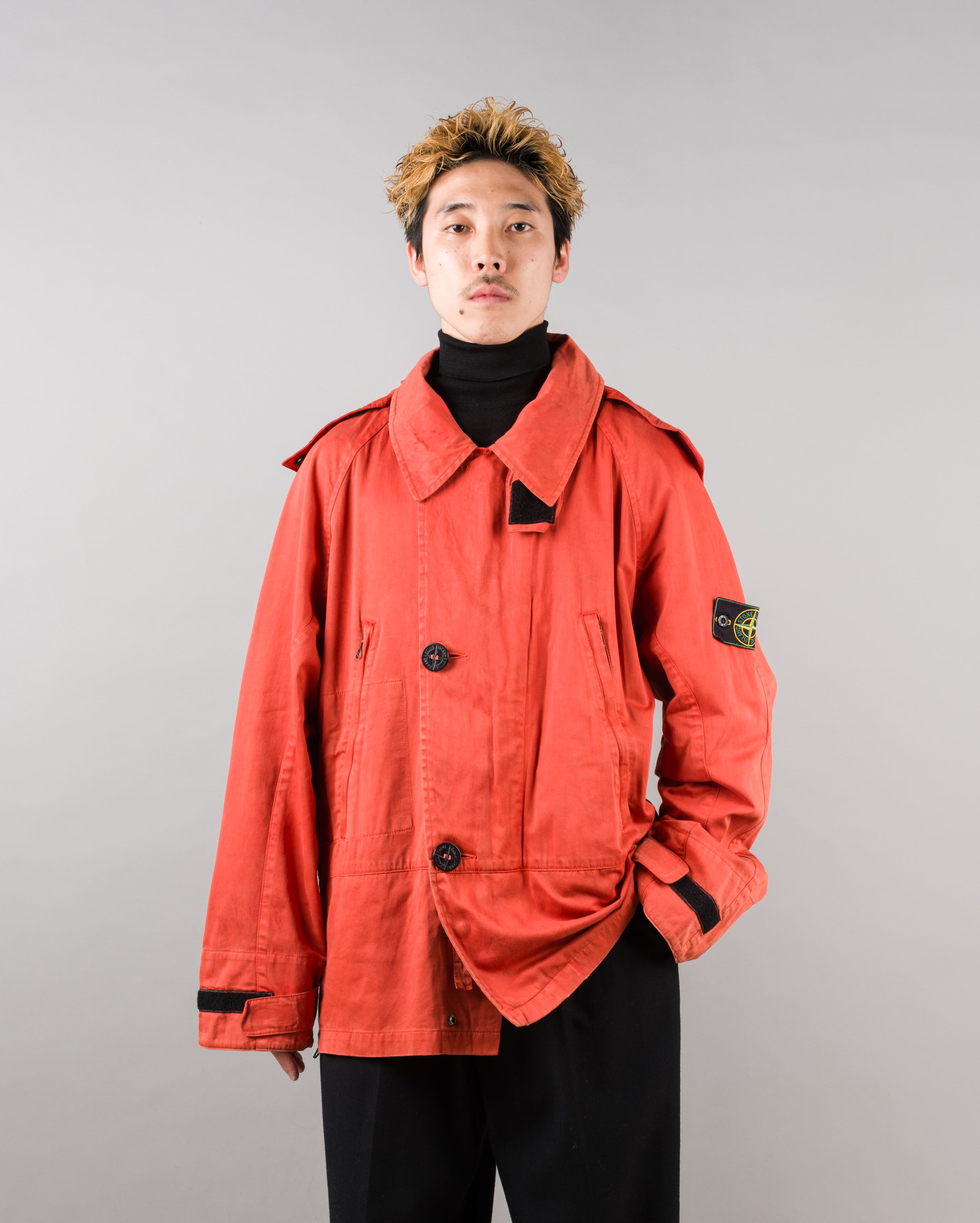 【96AW】Old STONE ISLAND Garment Dyed Detachable Hood Raglan Sleeve Cotton Jacket Size.M "RASO GOMMATO" "Green Edge"