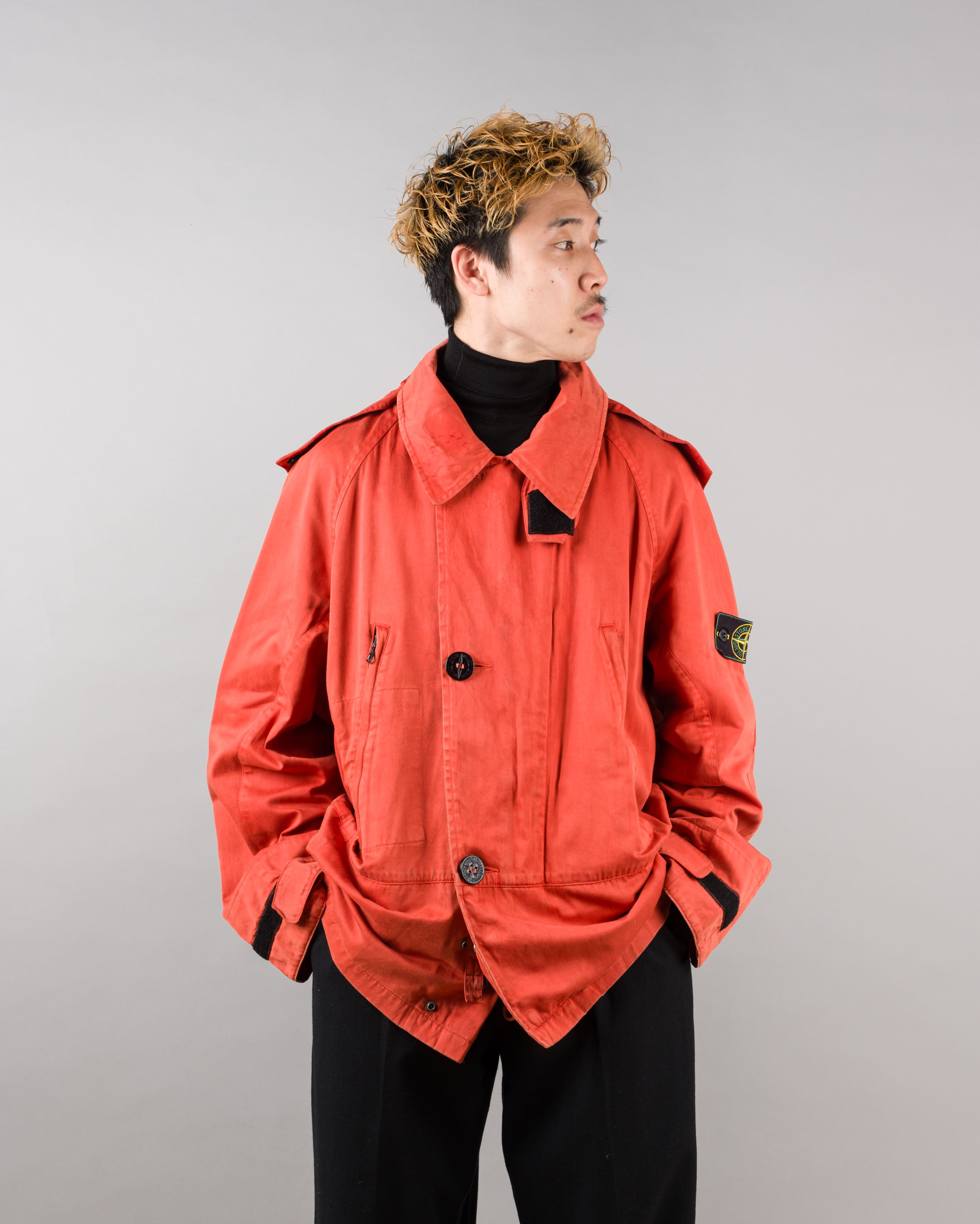 【96AW】Old STONE ISLAND Garment Dyed Detachable Hood Raglan Sleeve Cotton Jacket Size.M "RASO GOMMATO" "Green Edge"
