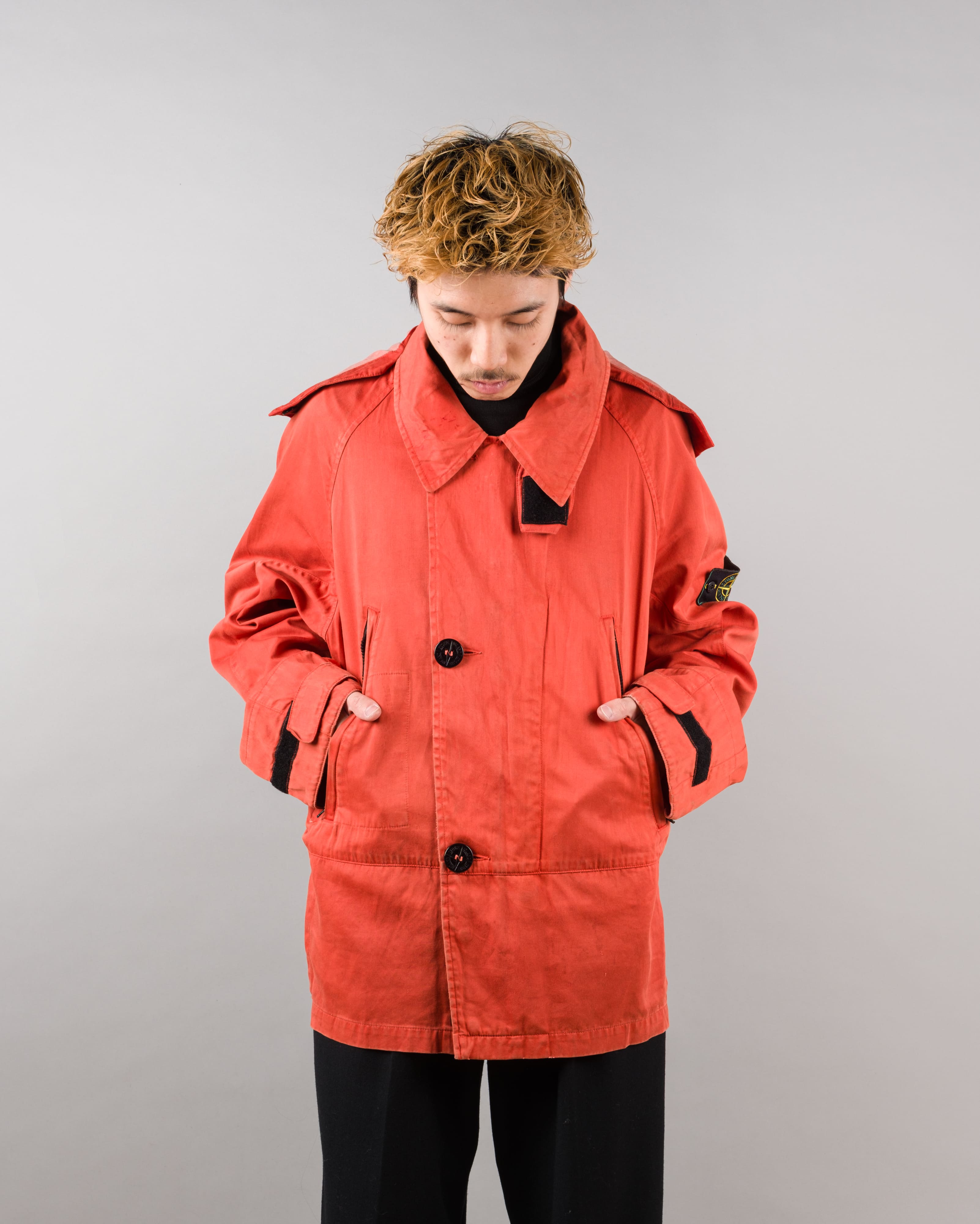 【96AW】Old STONE ISLAND Garment Dyed Detachable Hood Raglan Sleeve Cotton Jacket Size.M "RASO GOMMATO" "Green Edge"