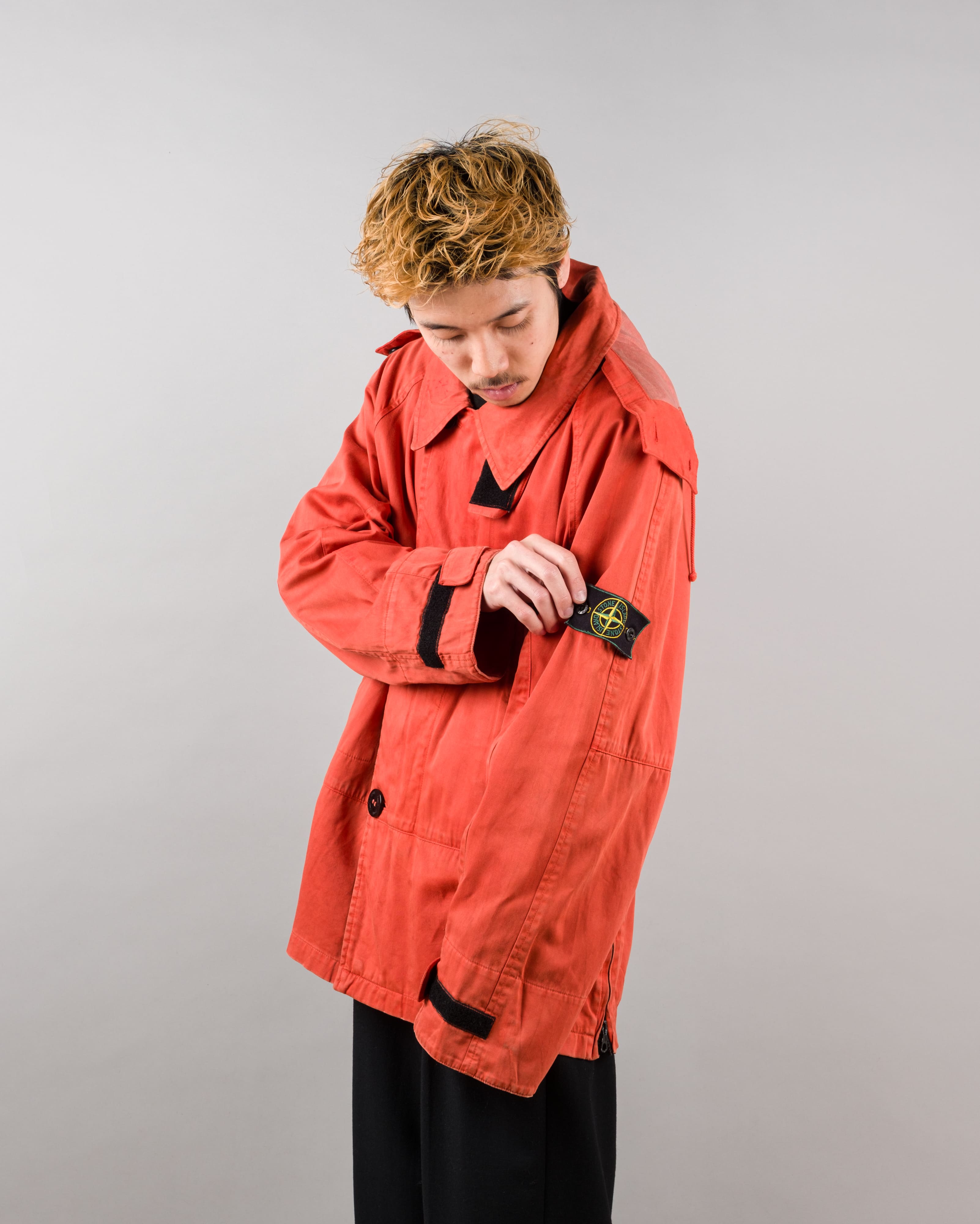 【96AW】Old STONE ISLAND Garment Dyed Detachable Hood Raglan Sleeve Cotton Jacket Size.M "RASO GOMMATO" "Green Edge"
