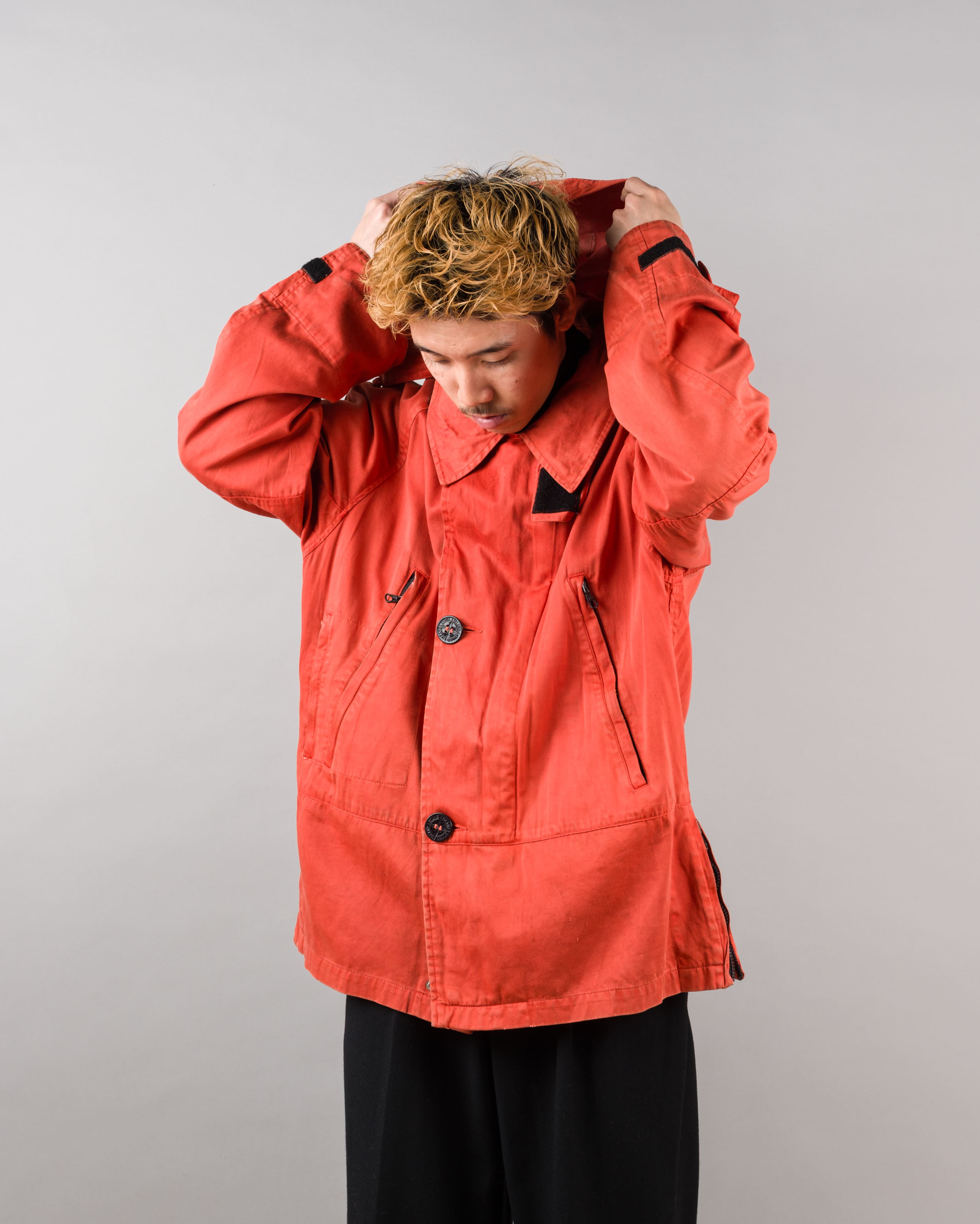 【96AW】Old STONE ISLAND Garment Dyed Detachable Hood Raglan Sleeve Cotton Jacket Size.M "RASO GOMMATO" "Green Edge"