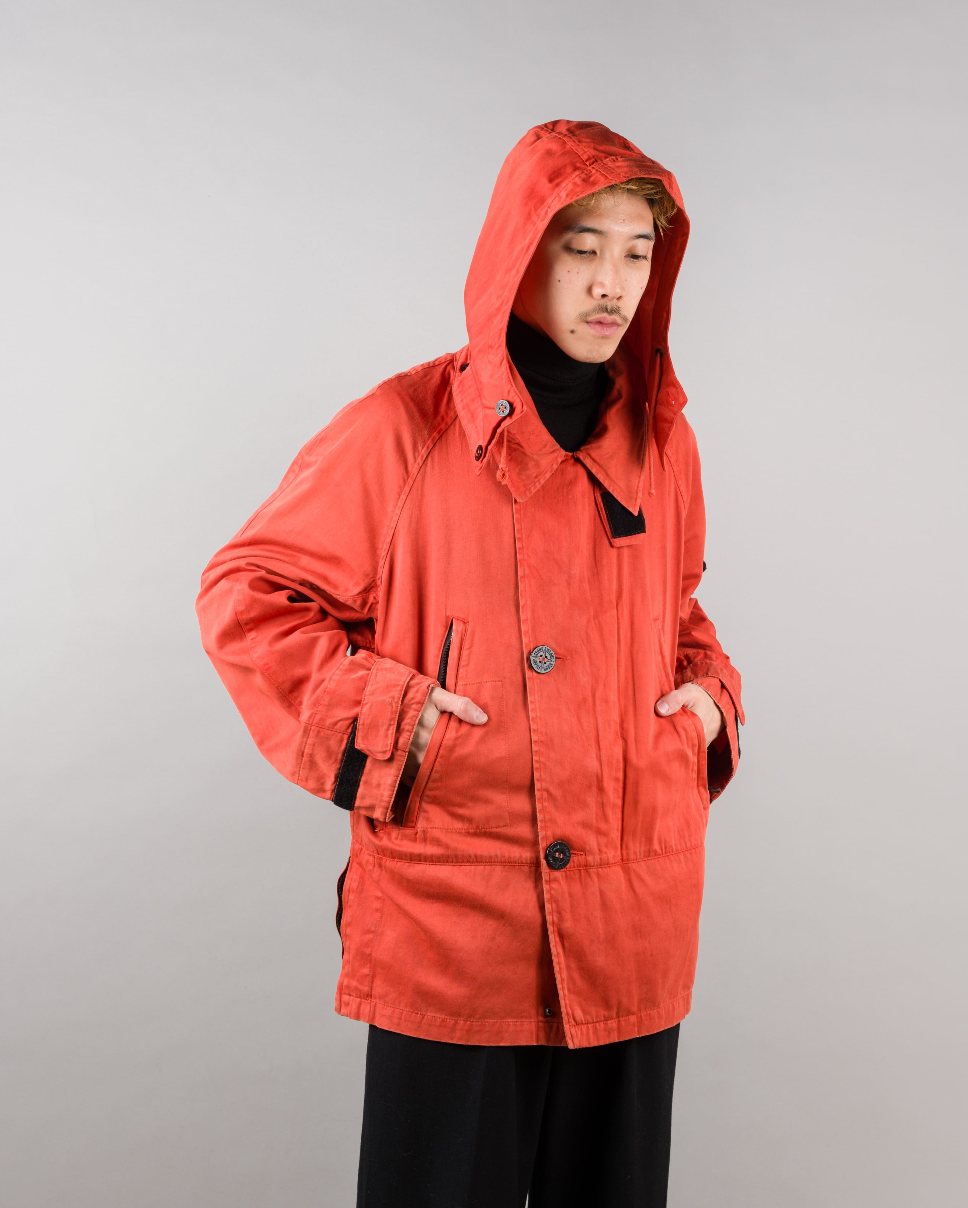 【96AW】Old STONE ISLAND Garment Dyed Detachable Hood Raglan Sleeve Cotton Jacket Size.M "RASO GOMMATO" "Green Edge"
