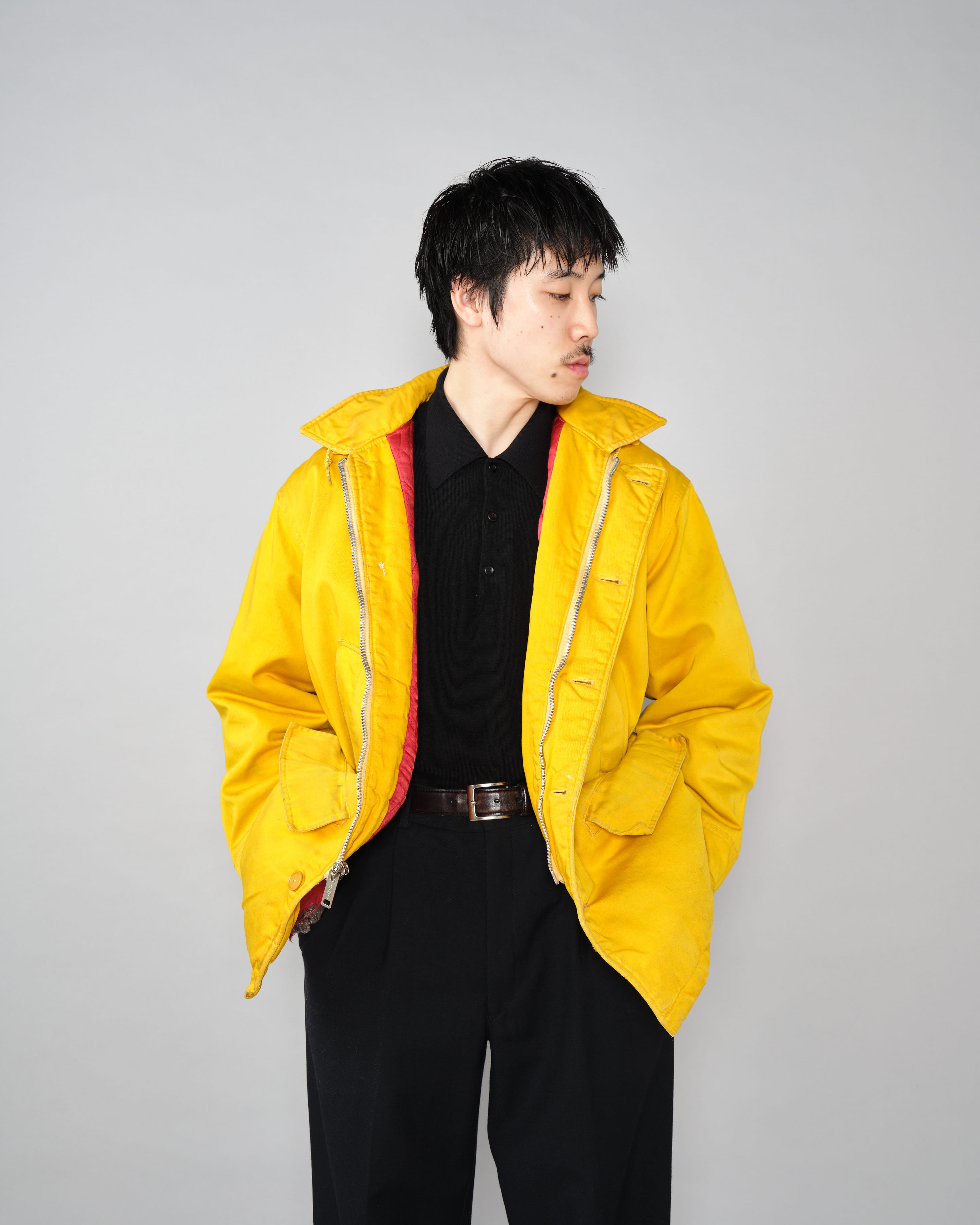 【~60年代】英倫復古可拆卸兜帽黃色棉緞登山夾克