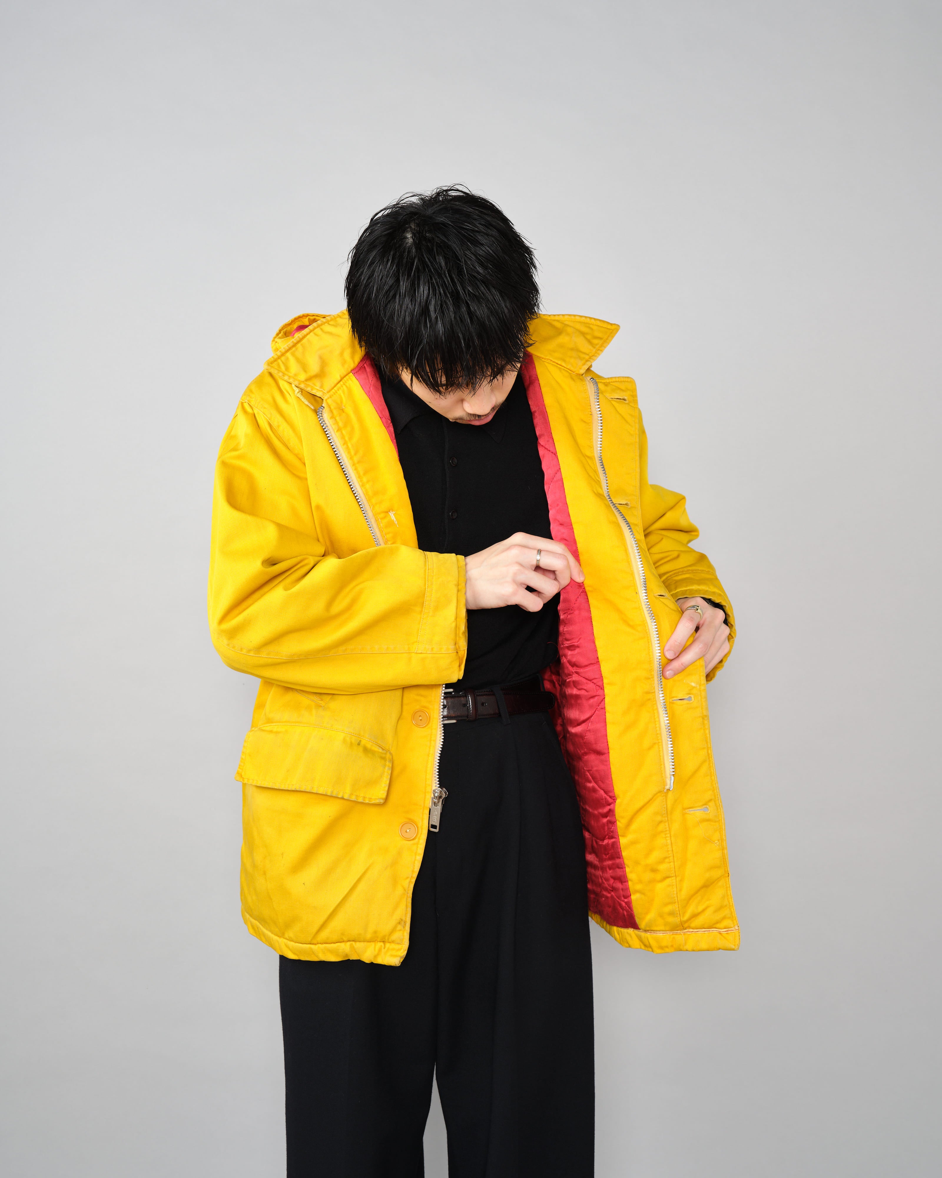 【~60年代】英倫復古可拆卸兜帽黃色棉緞登山夾克