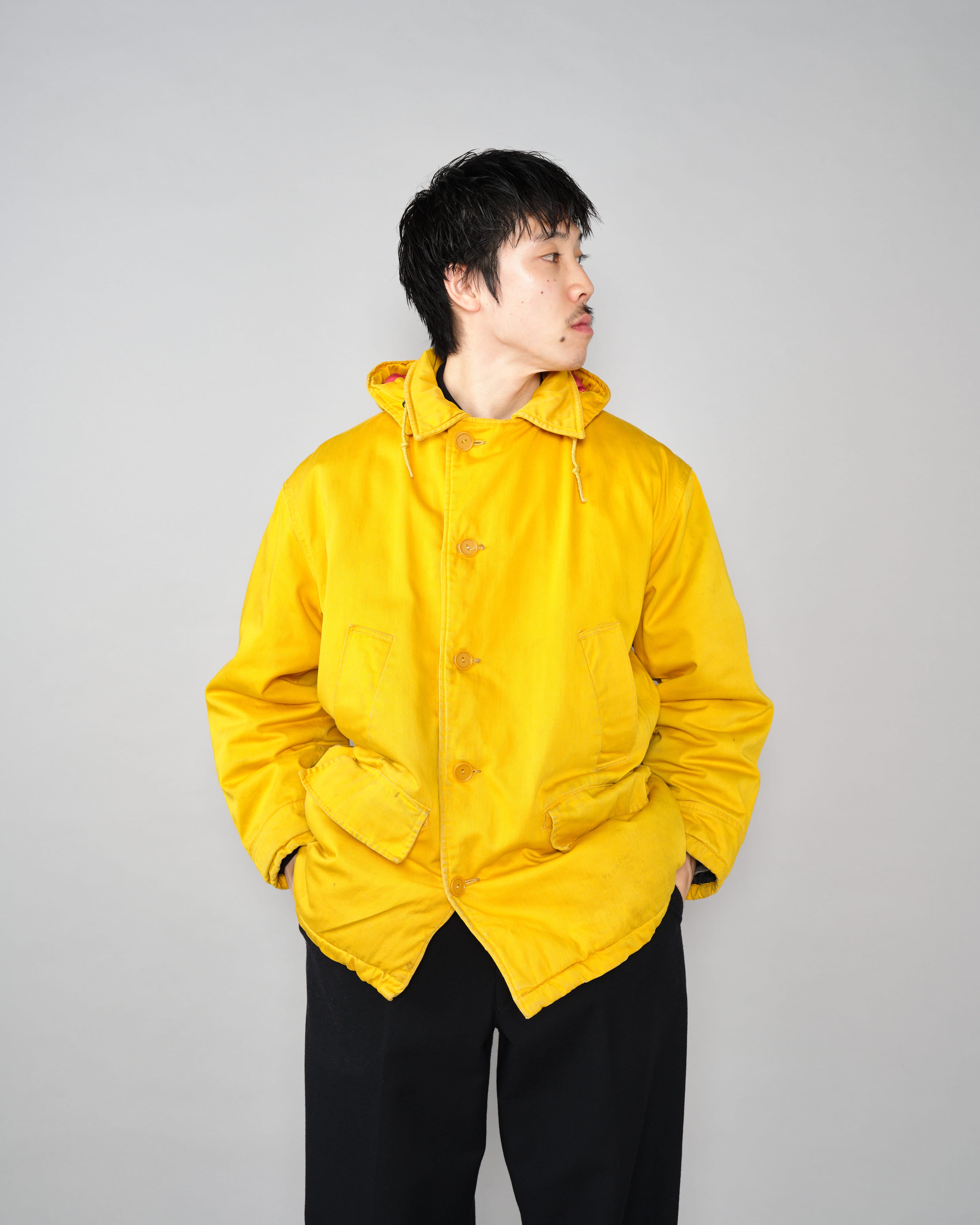 【~60年代】英倫復古可拆卸兜帽黃色棉緞登山夾克