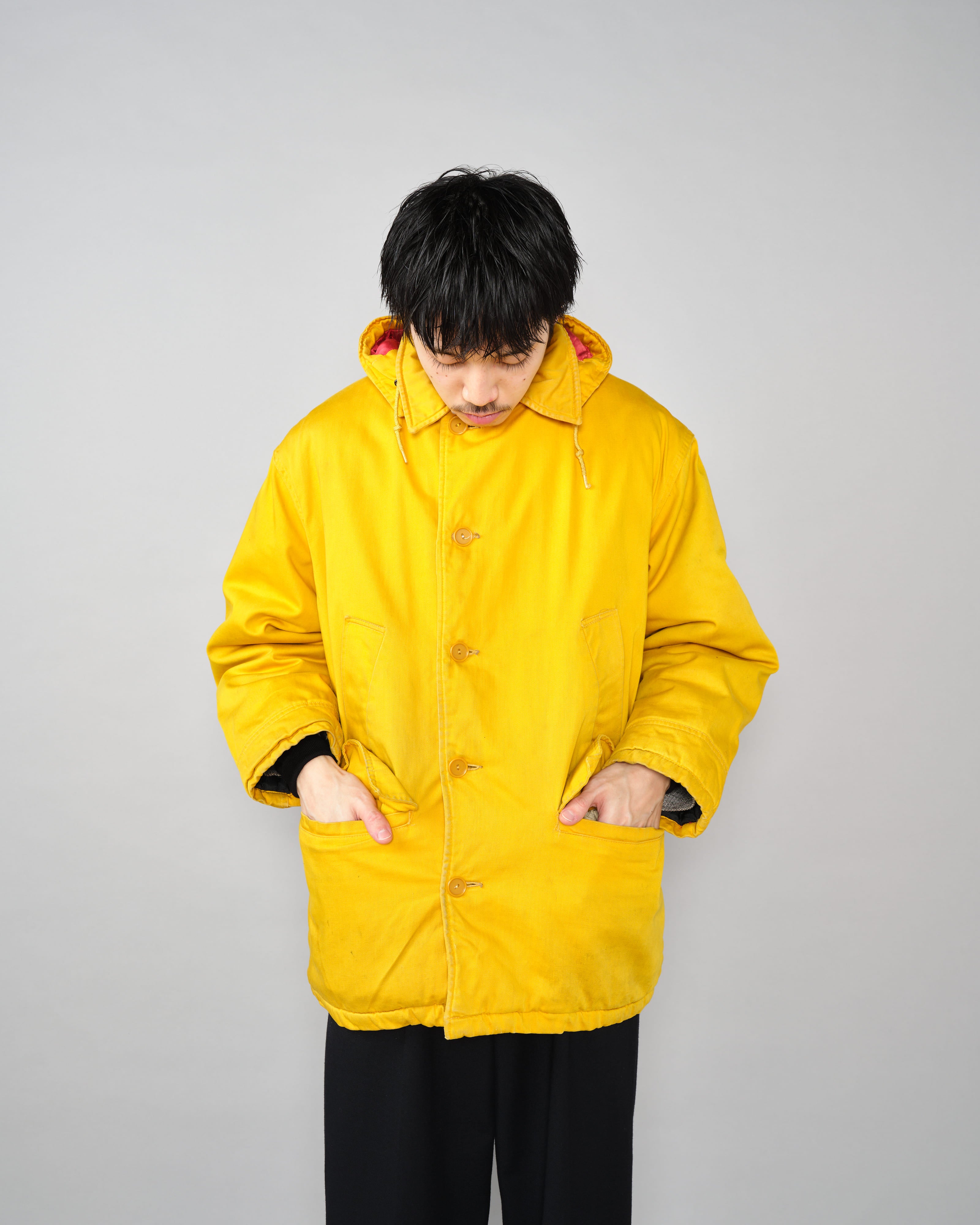 【~60年代】英倫復古可拆卸兜帽黃色棉緞登山夾克
