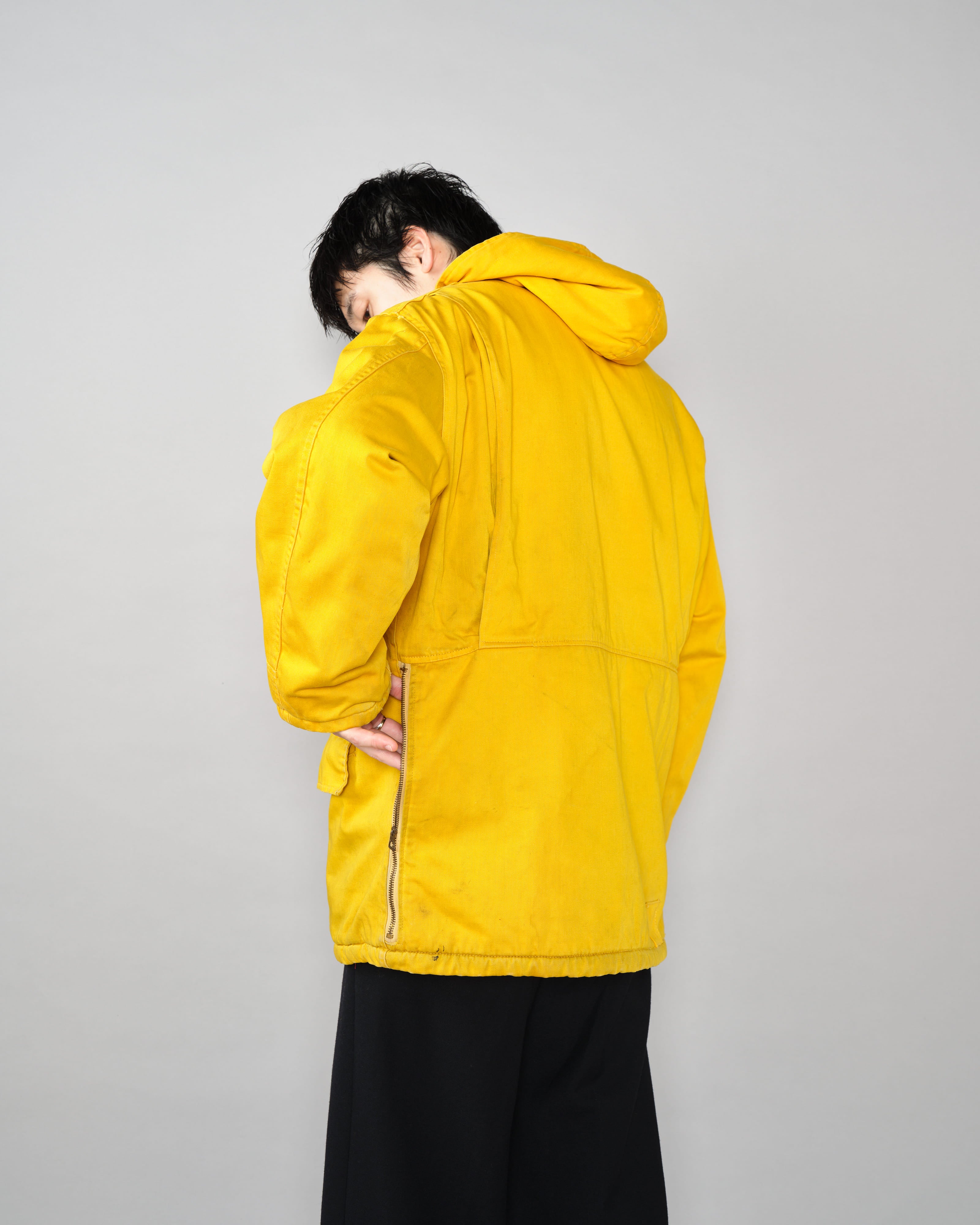 【~60年代】英倫復古可拆卸兜帽黃色棉緞登山夾克