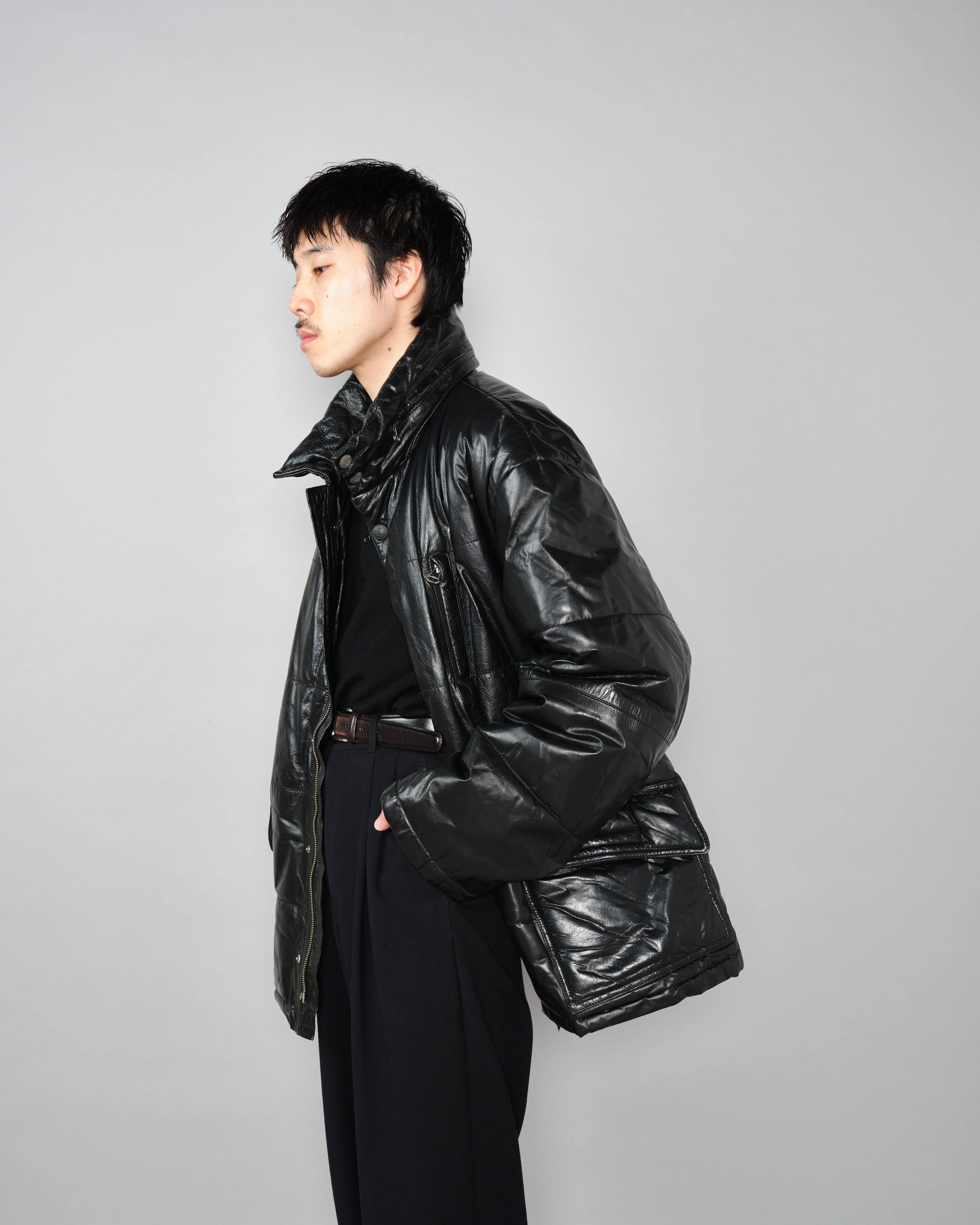 【~90’s】Old ARMANI JEANS Black Leather Puffer Jacket Size.52