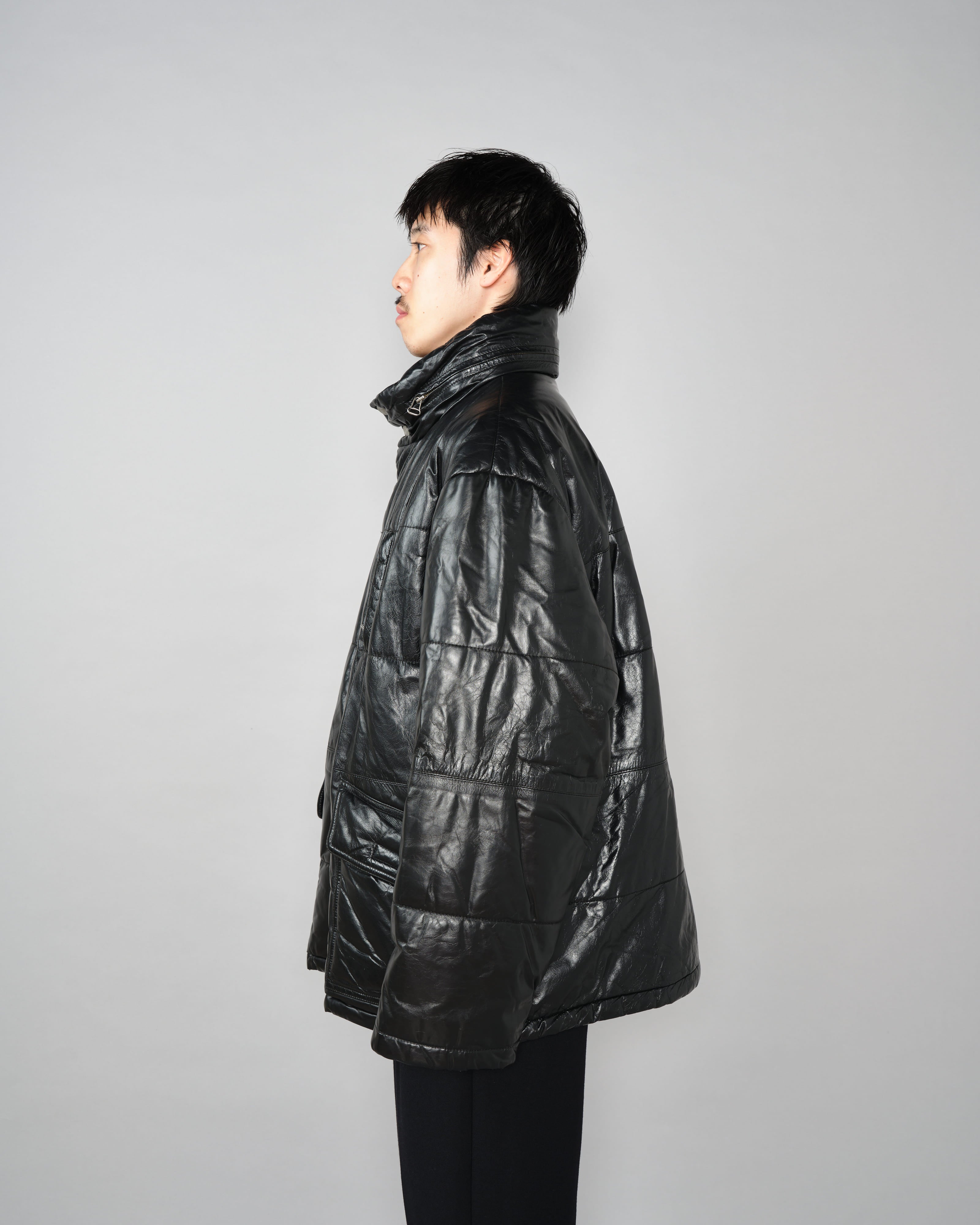 【~90’s】Old ARMANI JEANS Black Leather Puffer Jacket Size.52