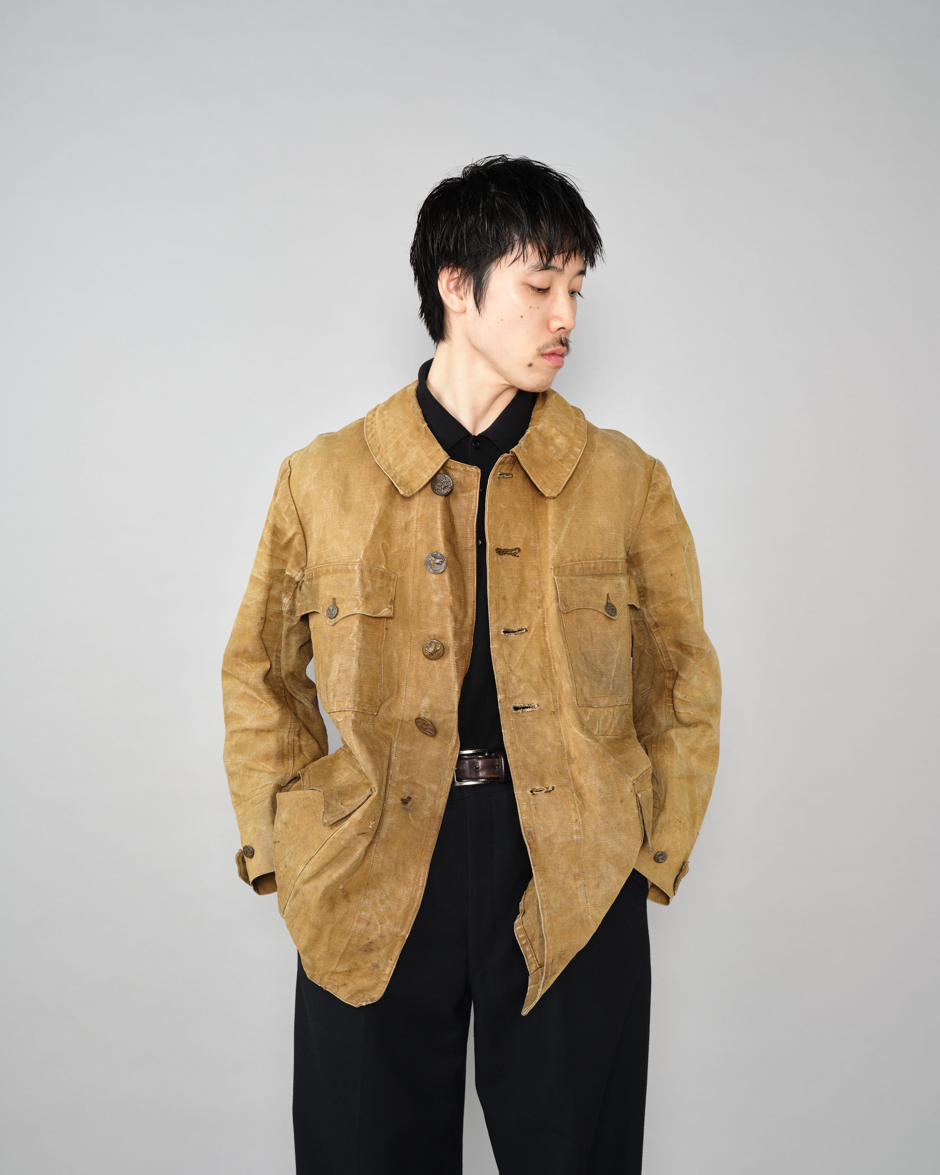 【~30’s】French Vintage Linen Canvas Hunting Jacket With Chin Strap