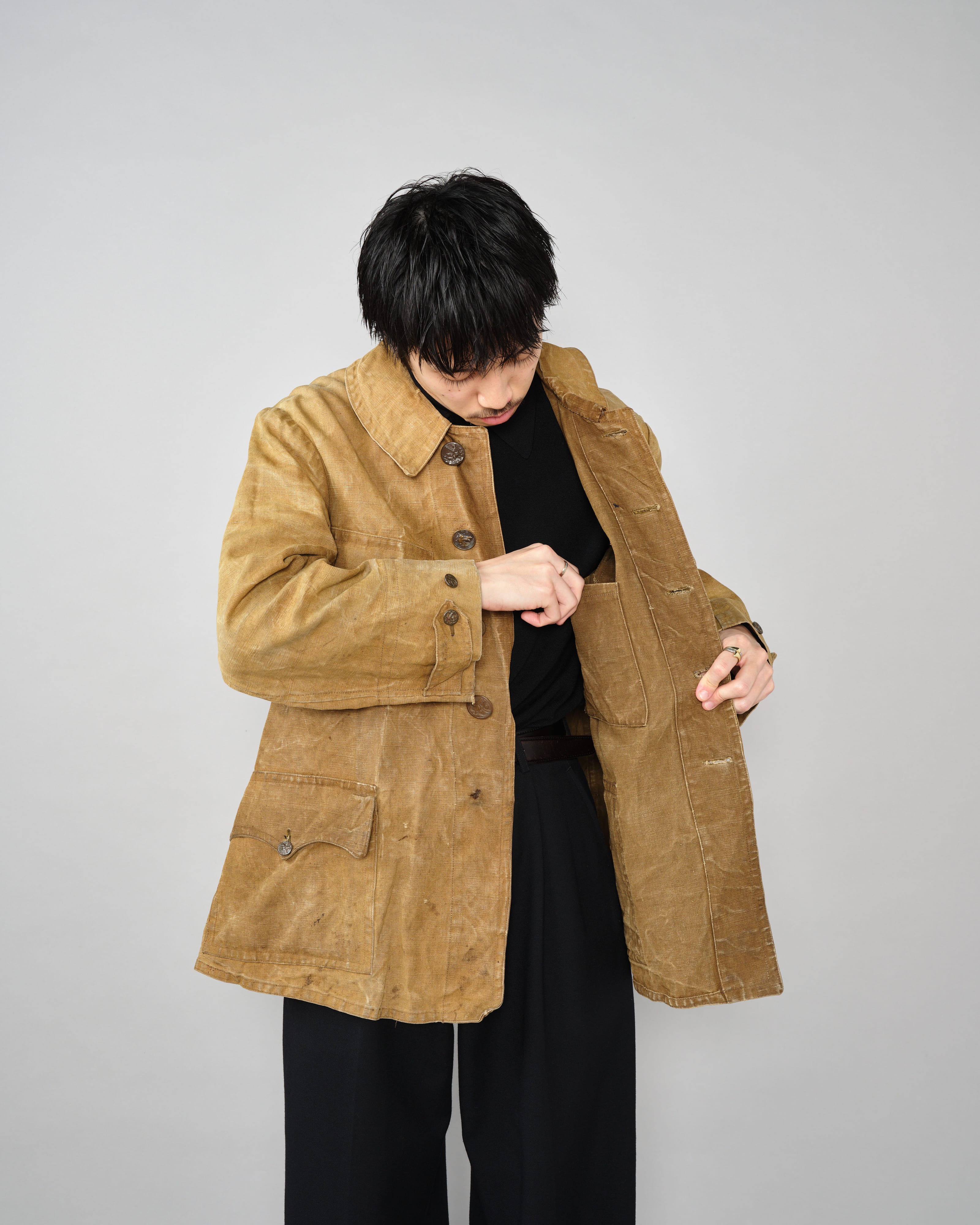 【~30’s】French Vintage Linen Canvas Hunting Jacket With Chin Strap