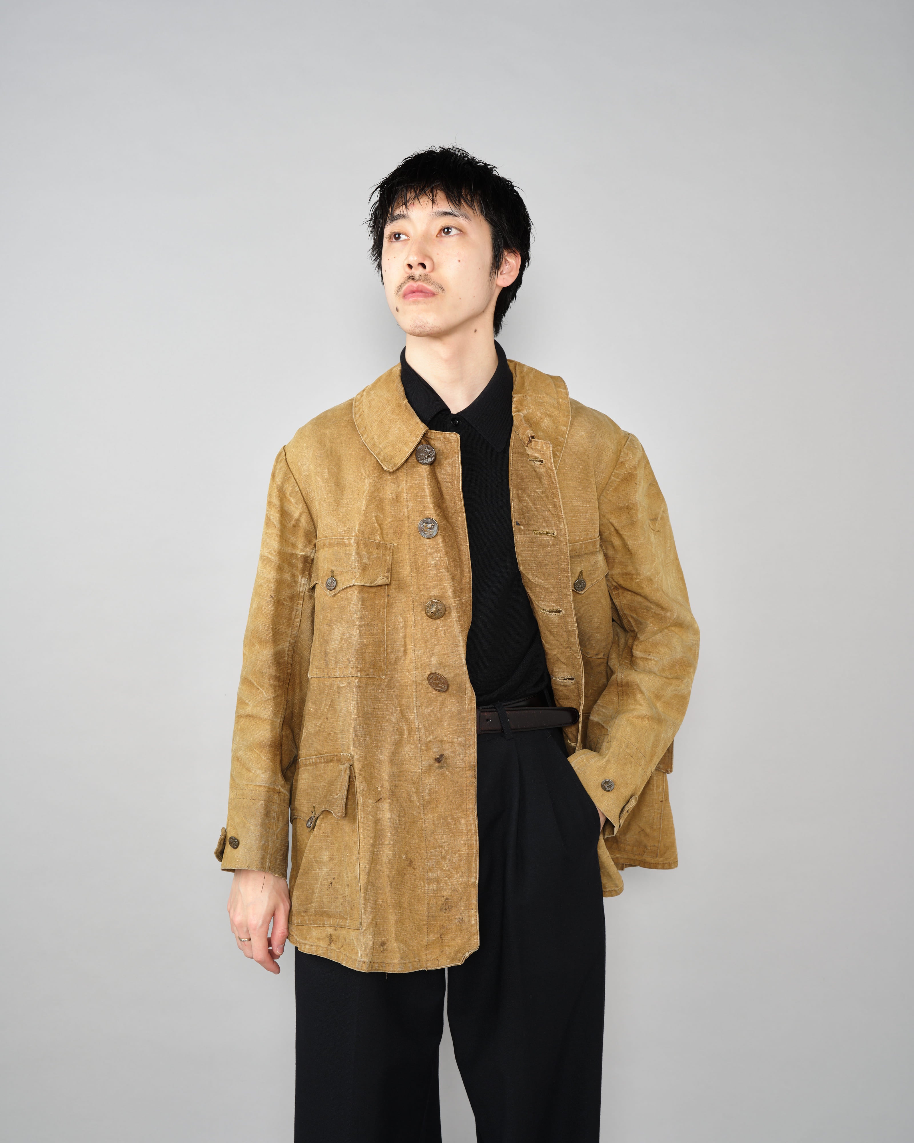 【~30’s】French Vintage Linen Canvas Hunting Jacket With Chin Strap