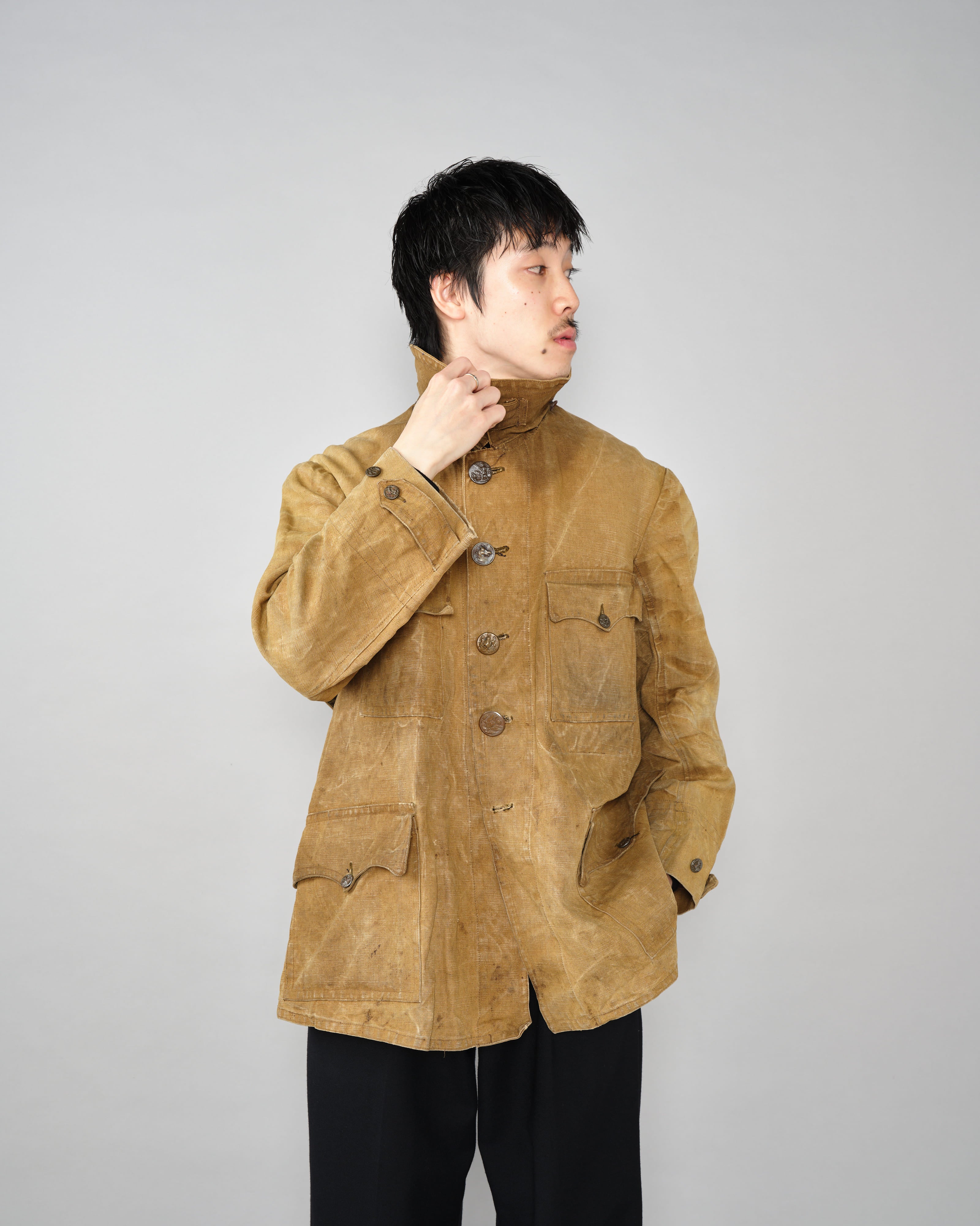 【~30’s】French Vintage Linen Canvas Hunting Jacket With Chin Strap