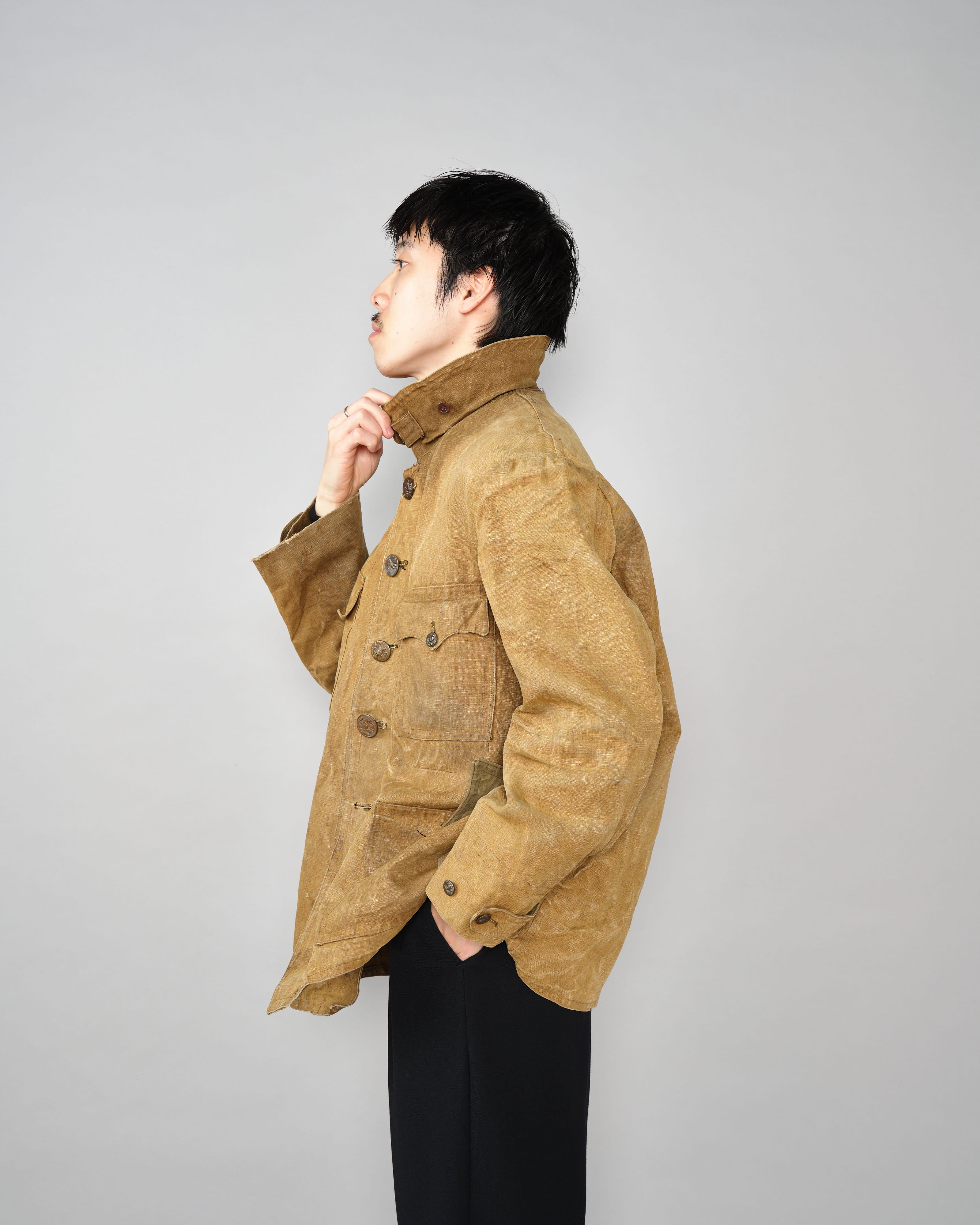 【~30’s】French Vintage Linen Canvas Hunting Jacket With Chin Strap