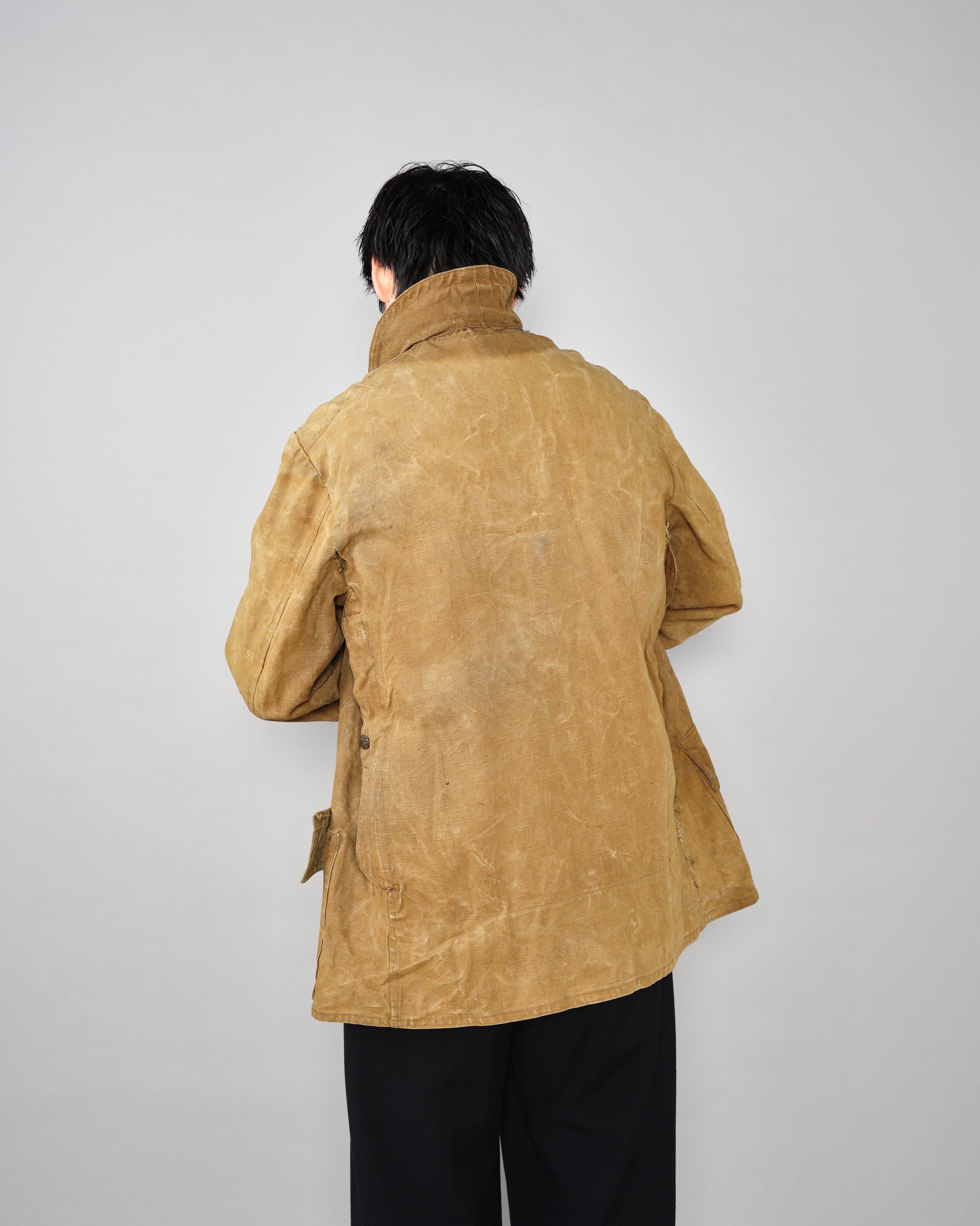 【~30’s】French Vintage Linen Canvas Hunting Jacket With Chin Strap
