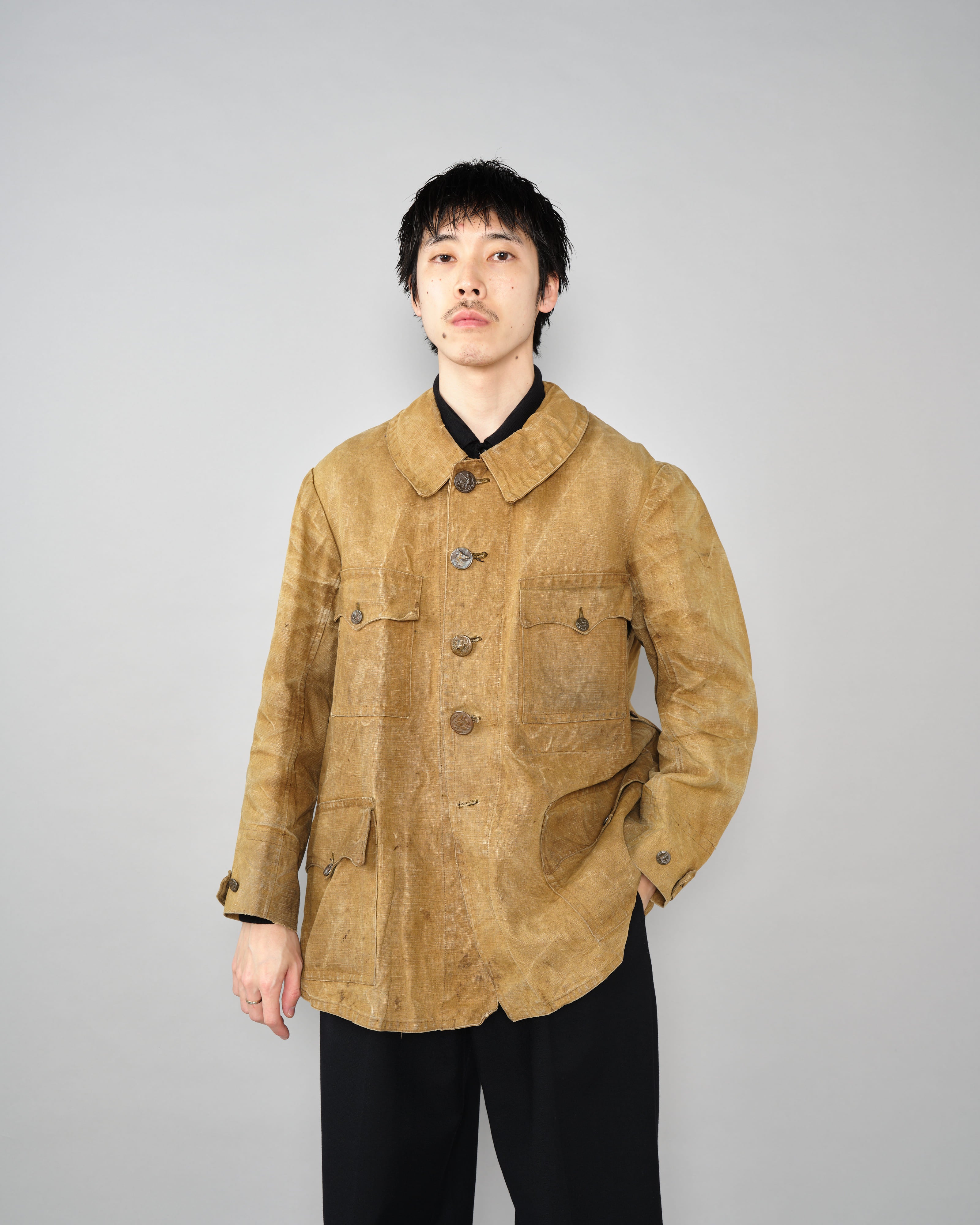 【~30’s】French Vintage Linen Canvas Hunting Jacket With Chin Strap