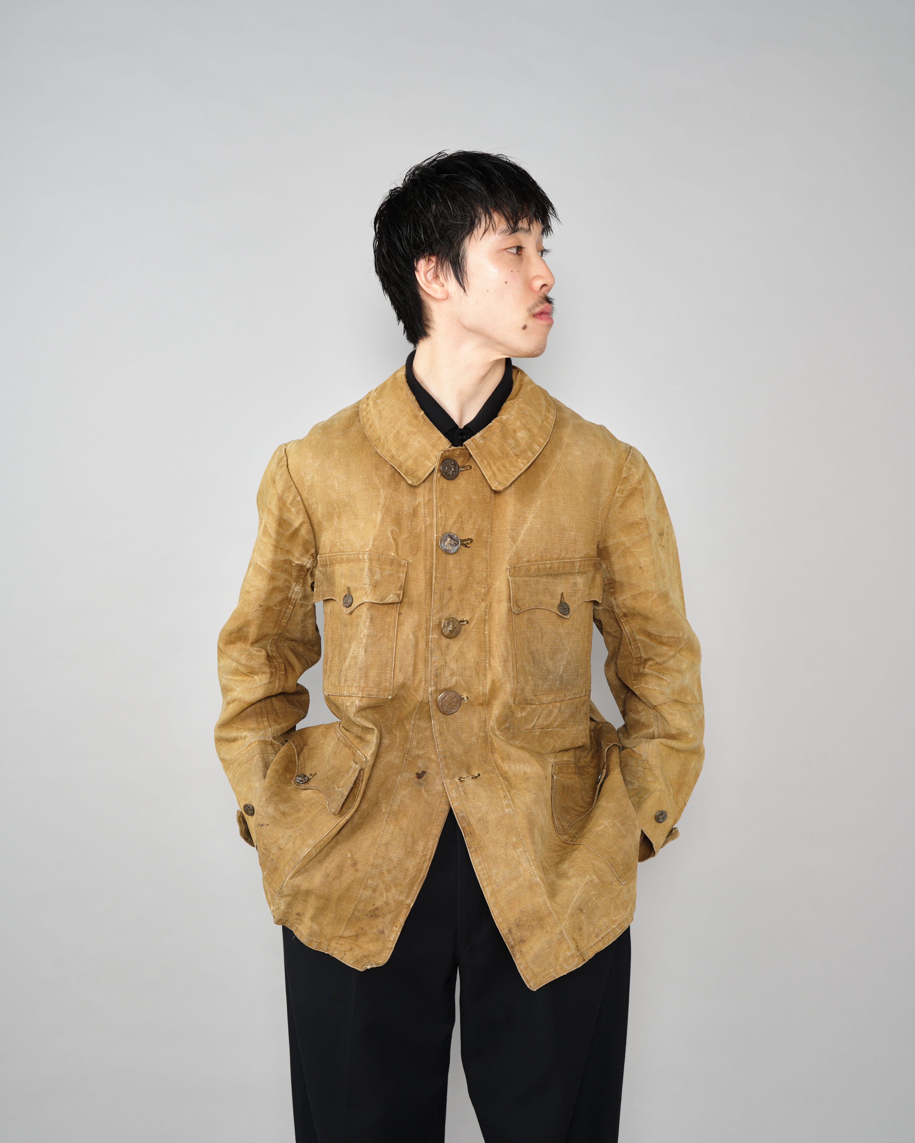 【~30’s】French Vintage Linen Canvas Hunting Jacket With Chin Strap