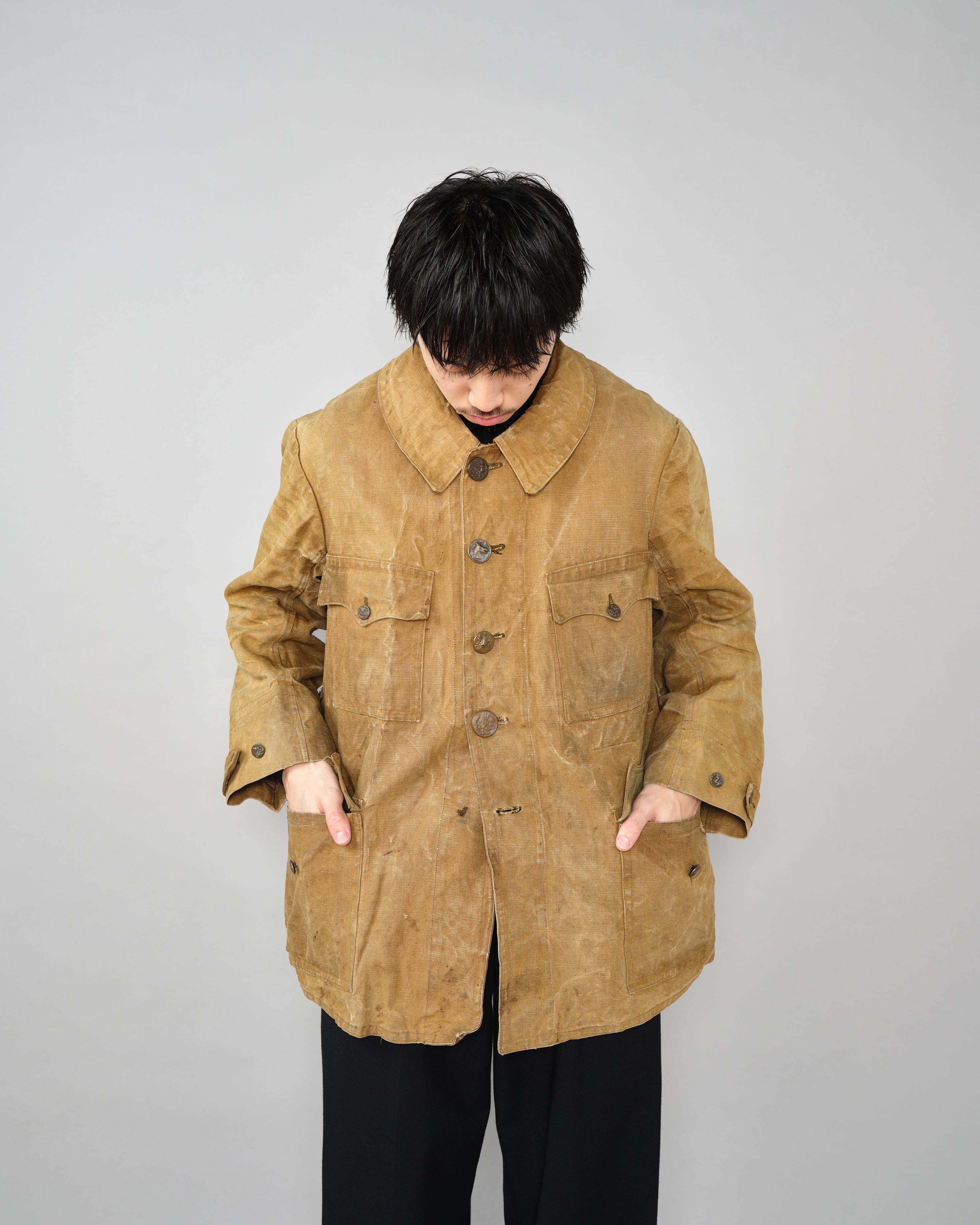 【~30’s】French Vintage Linen Canvas Hunting Jacket With Chin Strap
