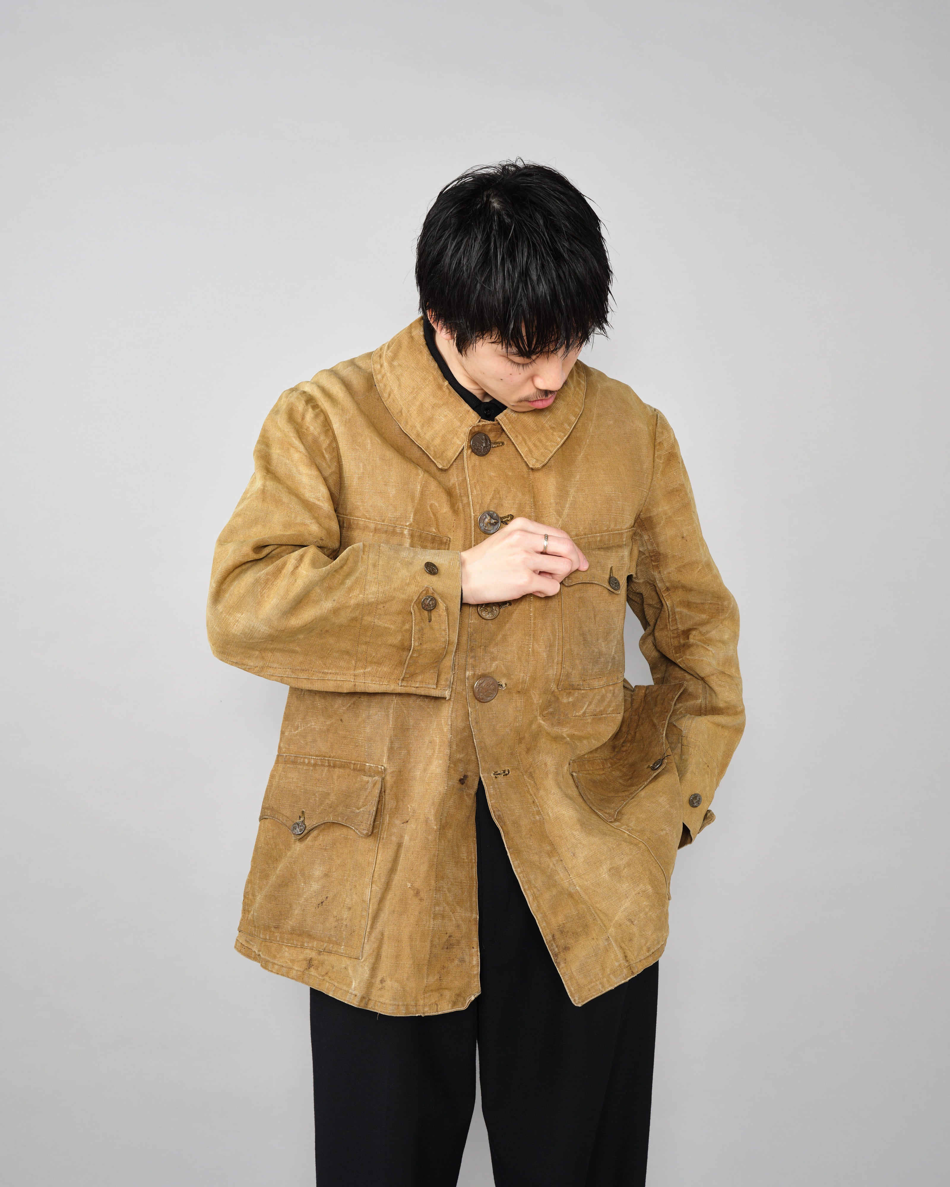 【~30’s】French Vintage Linen Canvas Hunting Jacket With Chin Strap