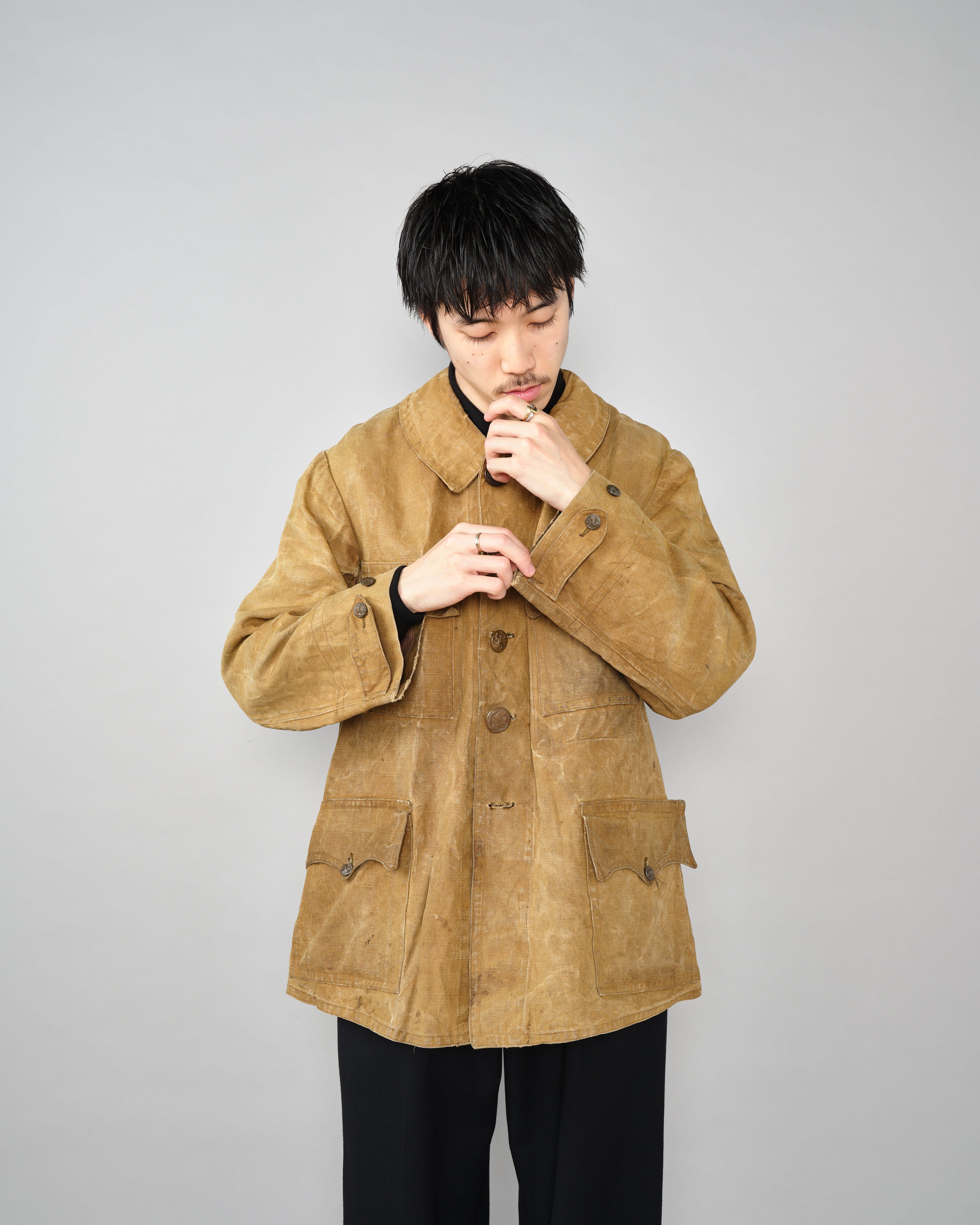 【~30’s】French Vintage Linen Canvas Hunting Jacket With Chin Strap