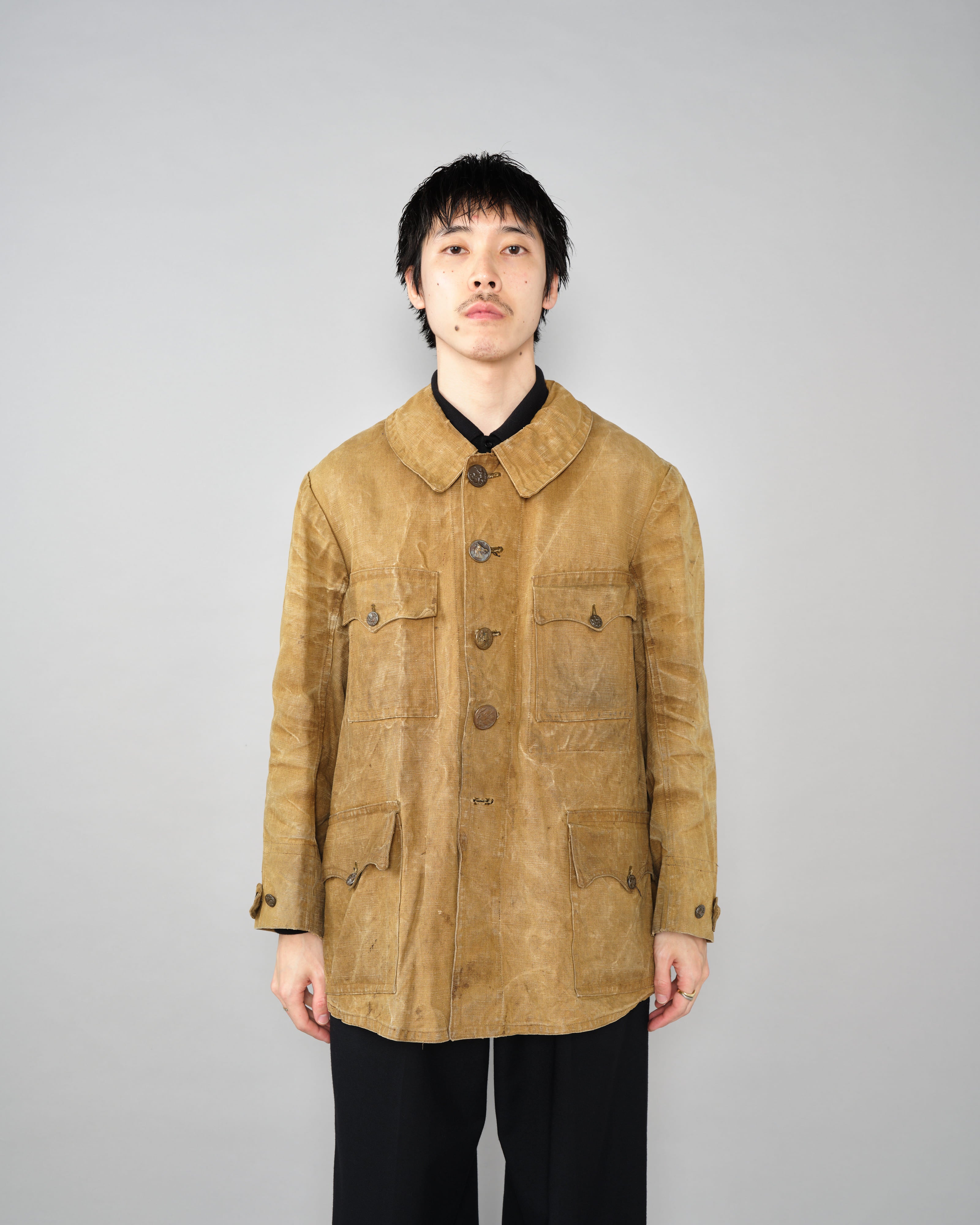 【~30’s】French Vintage Linen Canvas Hunting Jacket With Chin Strap
