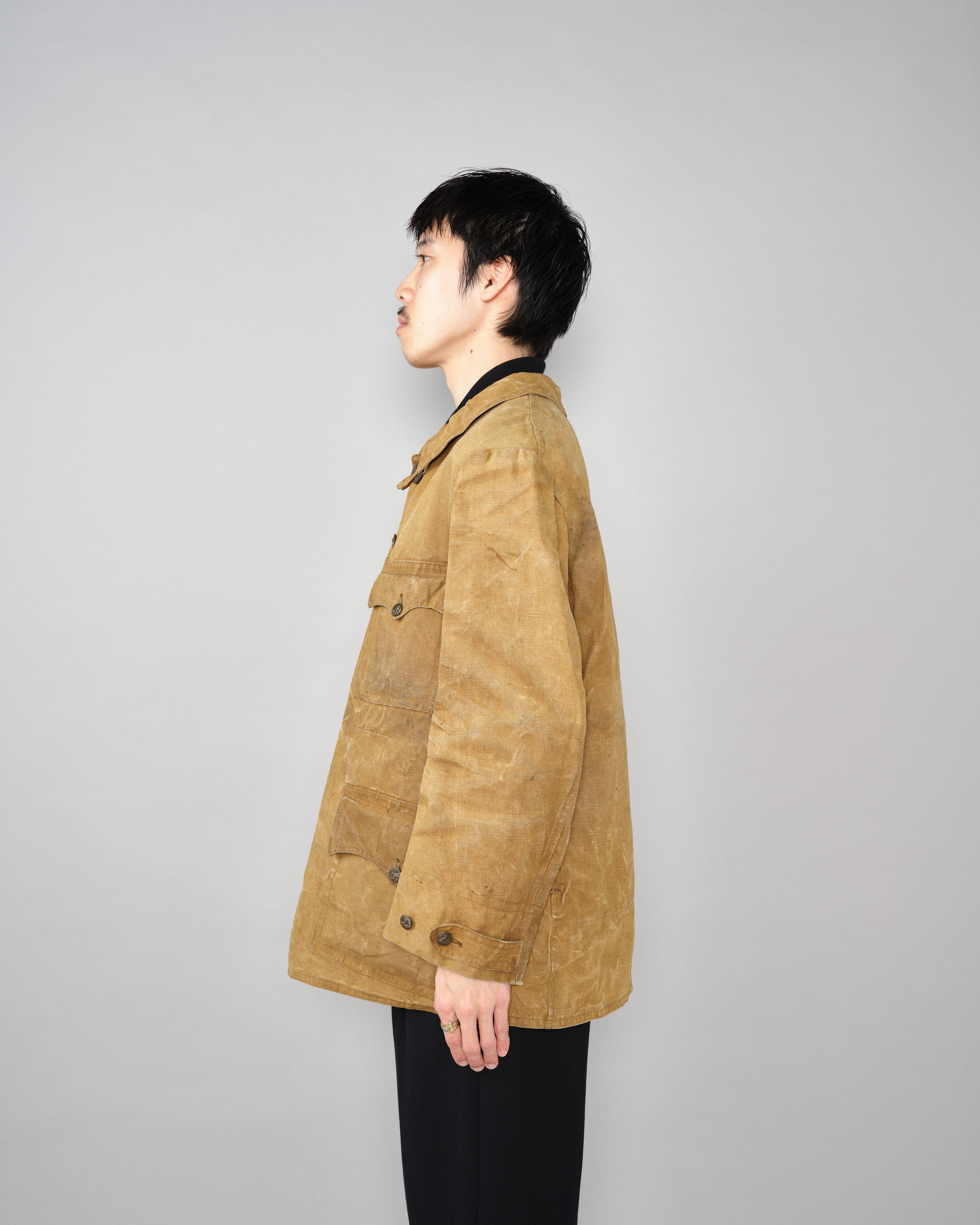 【~30’s】French Vintage Linen Canvas Hunting Jacket With Chin Strap