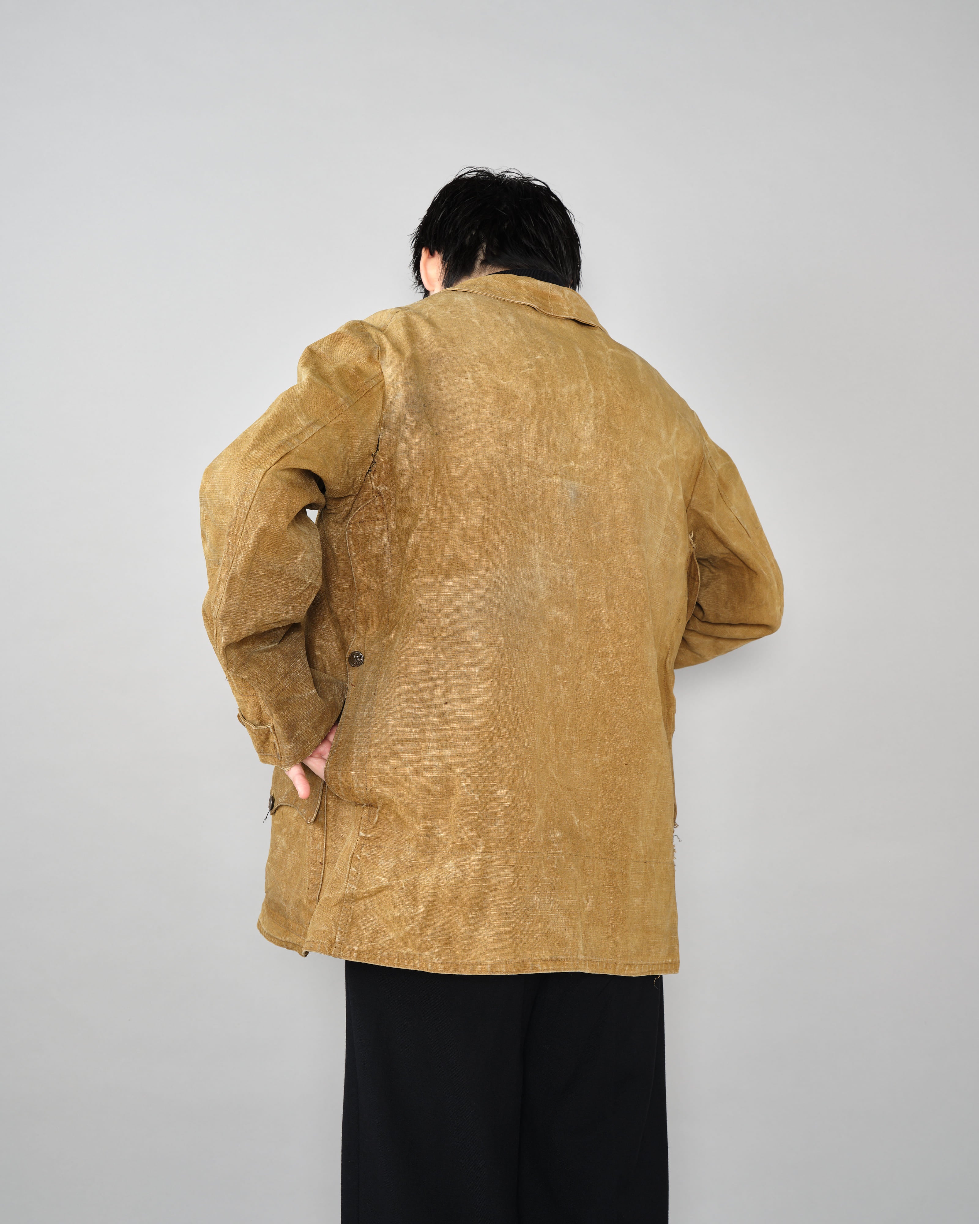 【~30’s】French Vintage Linen Canvas Hunting Jacket With Chin Strap