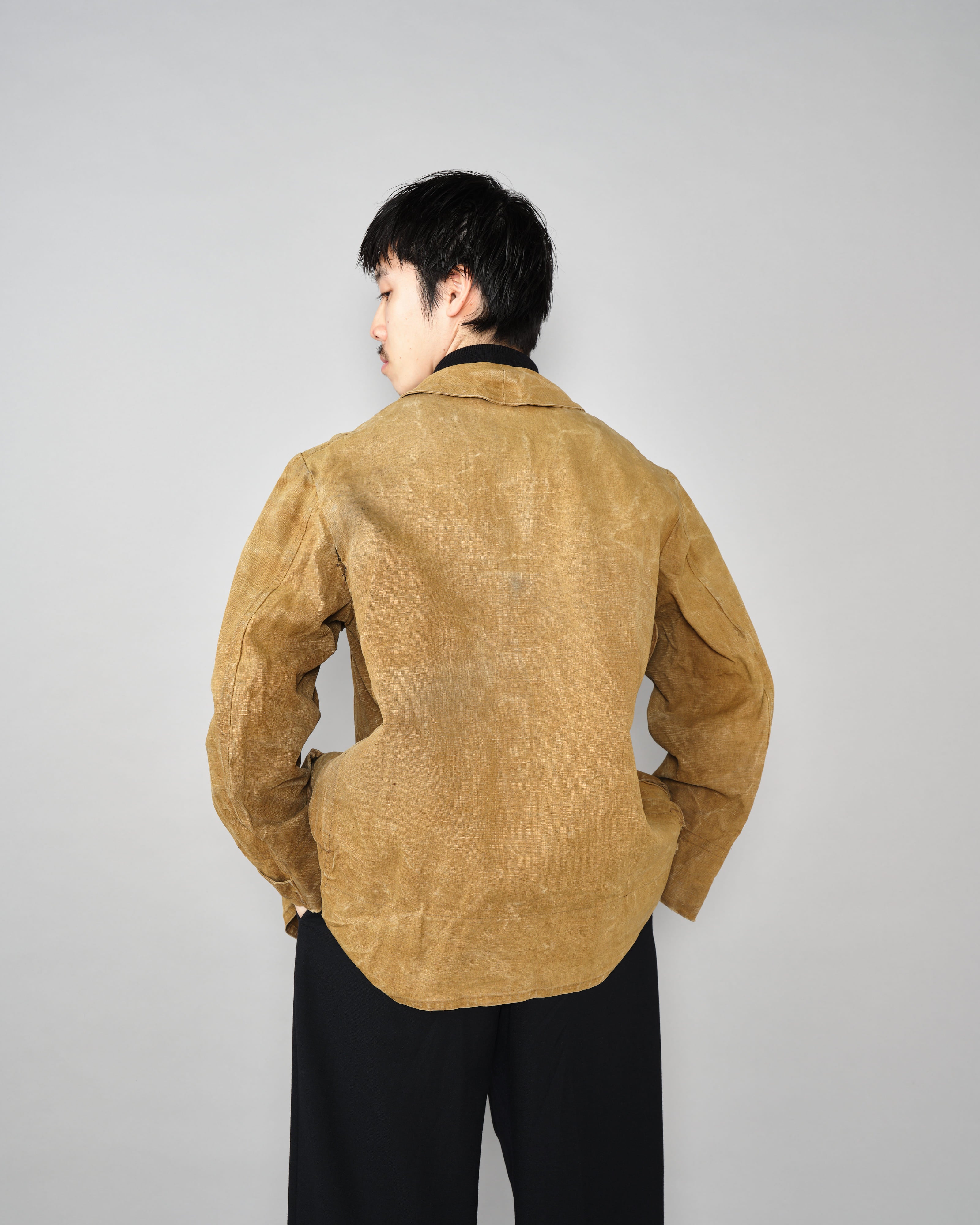 【~30’s】French Vintage Linen Canvas Hunting Jacket With Chin Strap