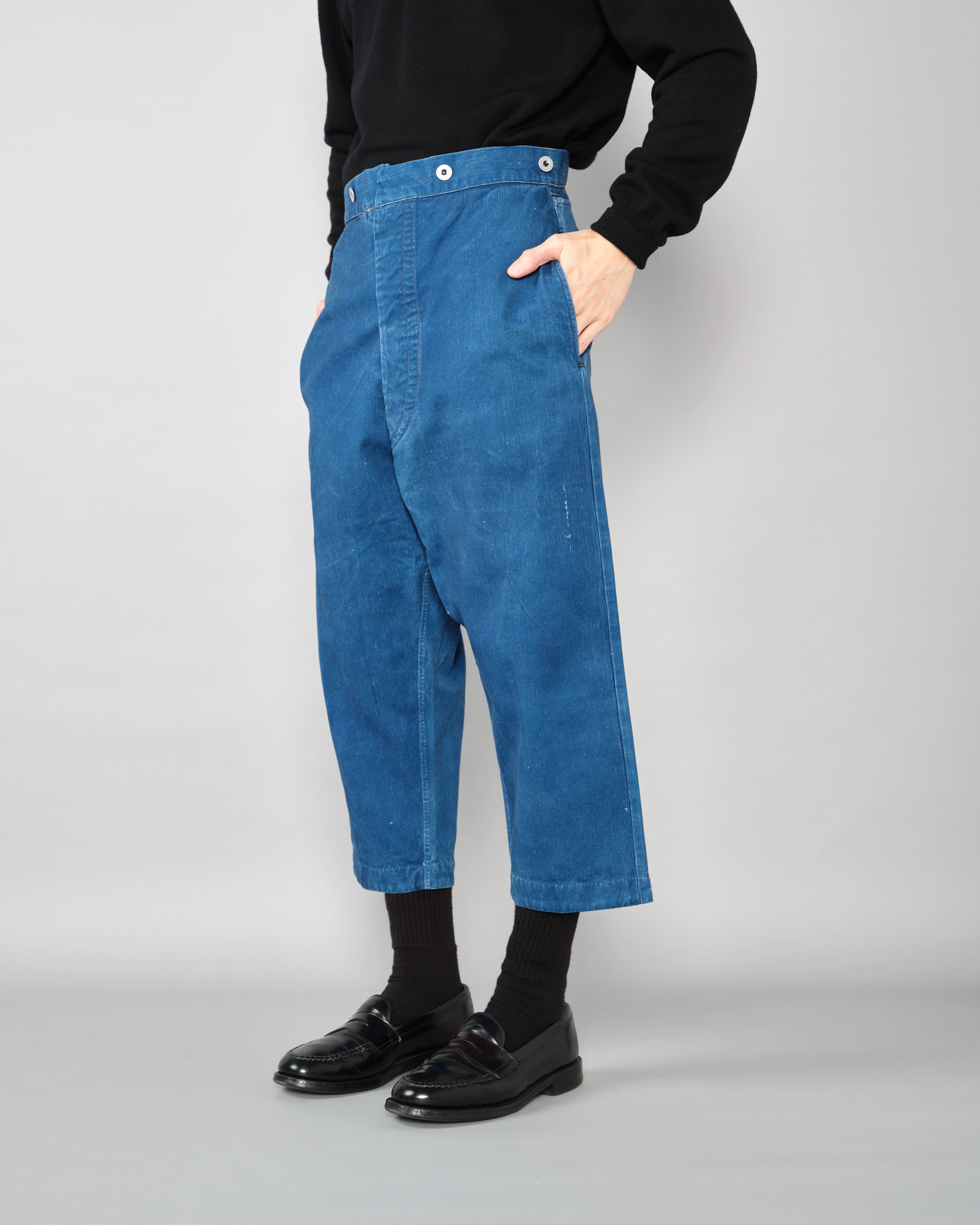 【~30’s】French Army Indigo HBT Cotton Linen Mechanic Trousers