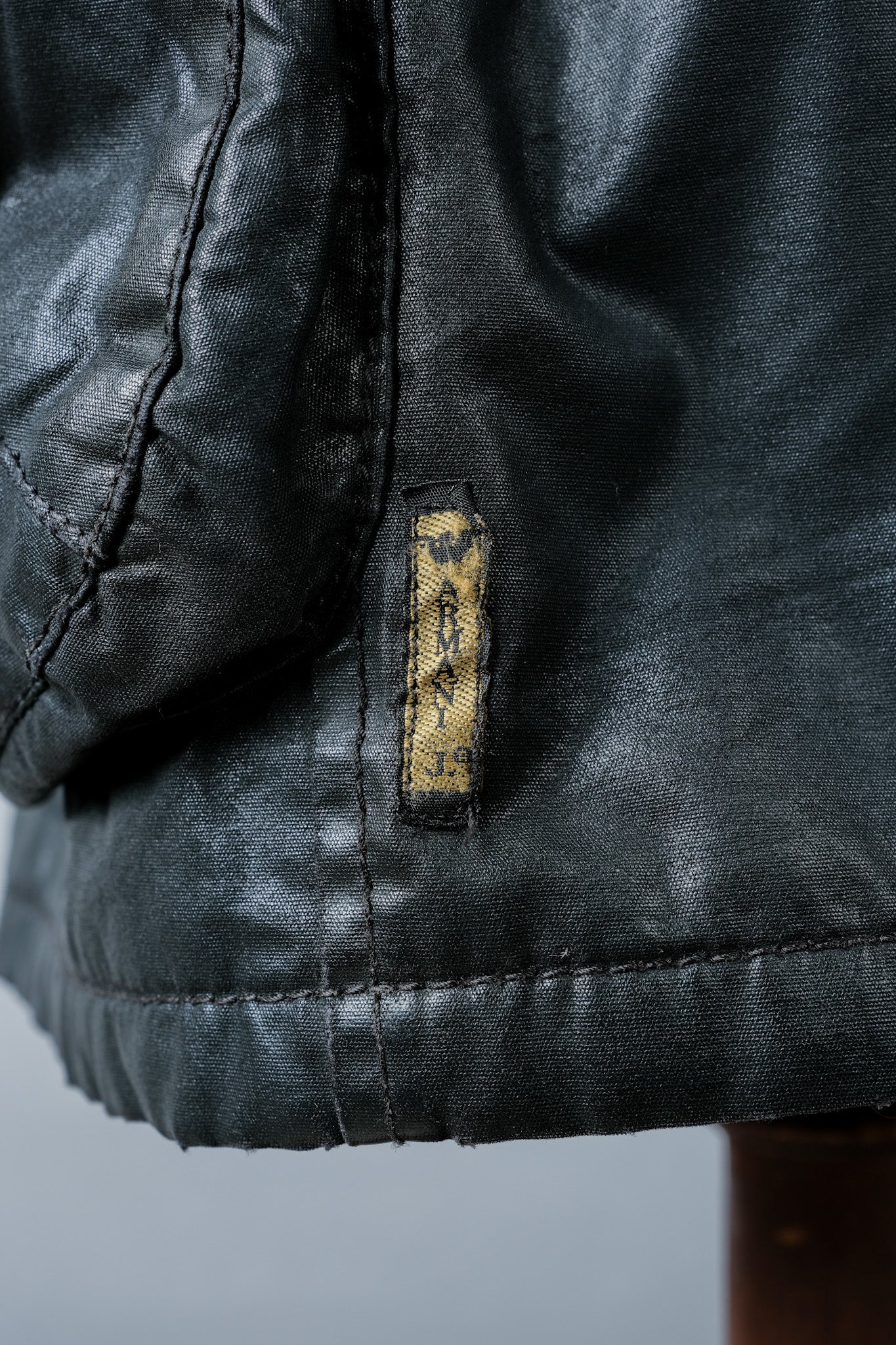 【~90’s】Old ARMANI JEANS Black Cotton Resina Belted Jacket Size.54
