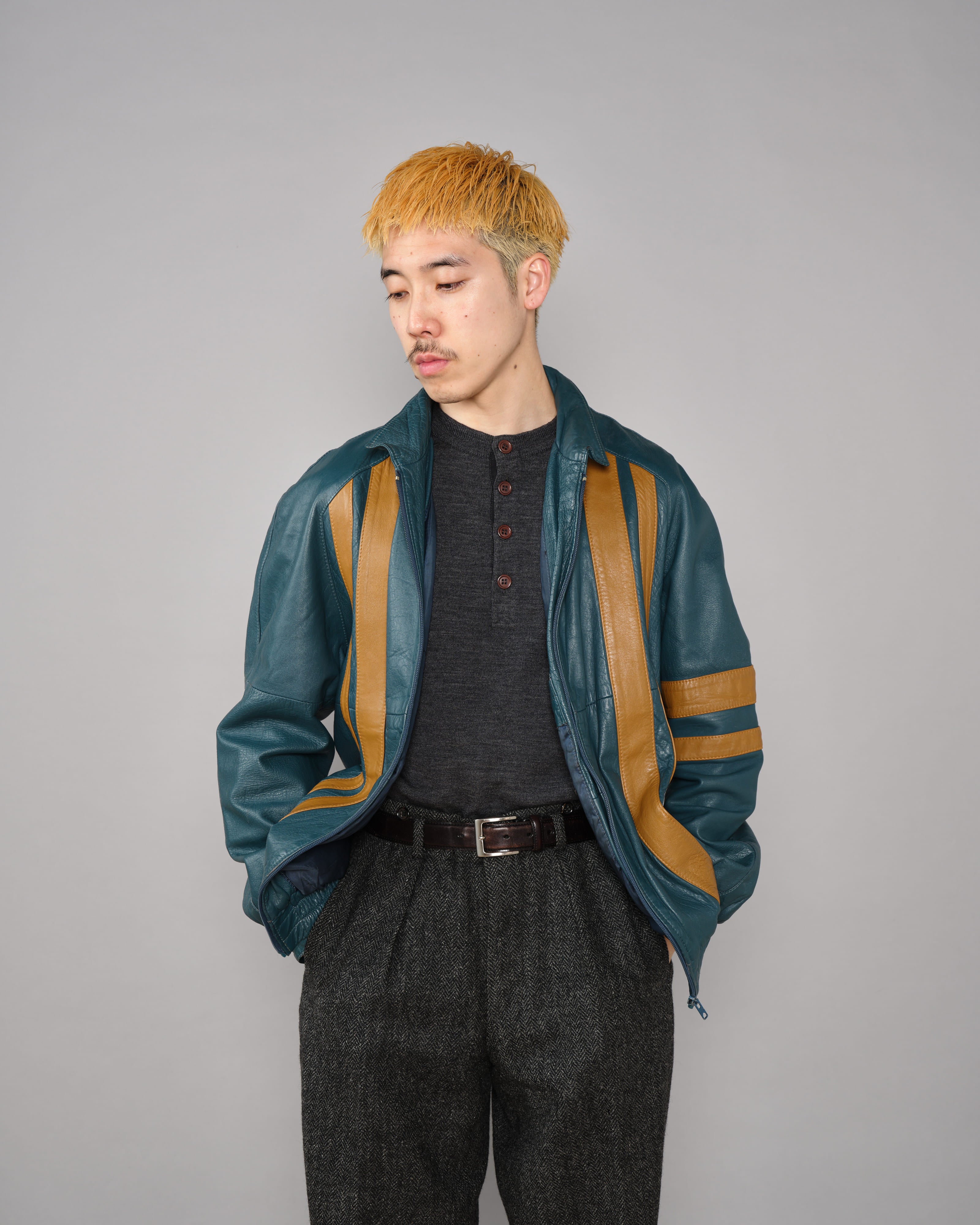 【~70's】French Vintage 2 Tone Raglan Sleeve Leather Jacket Size.S