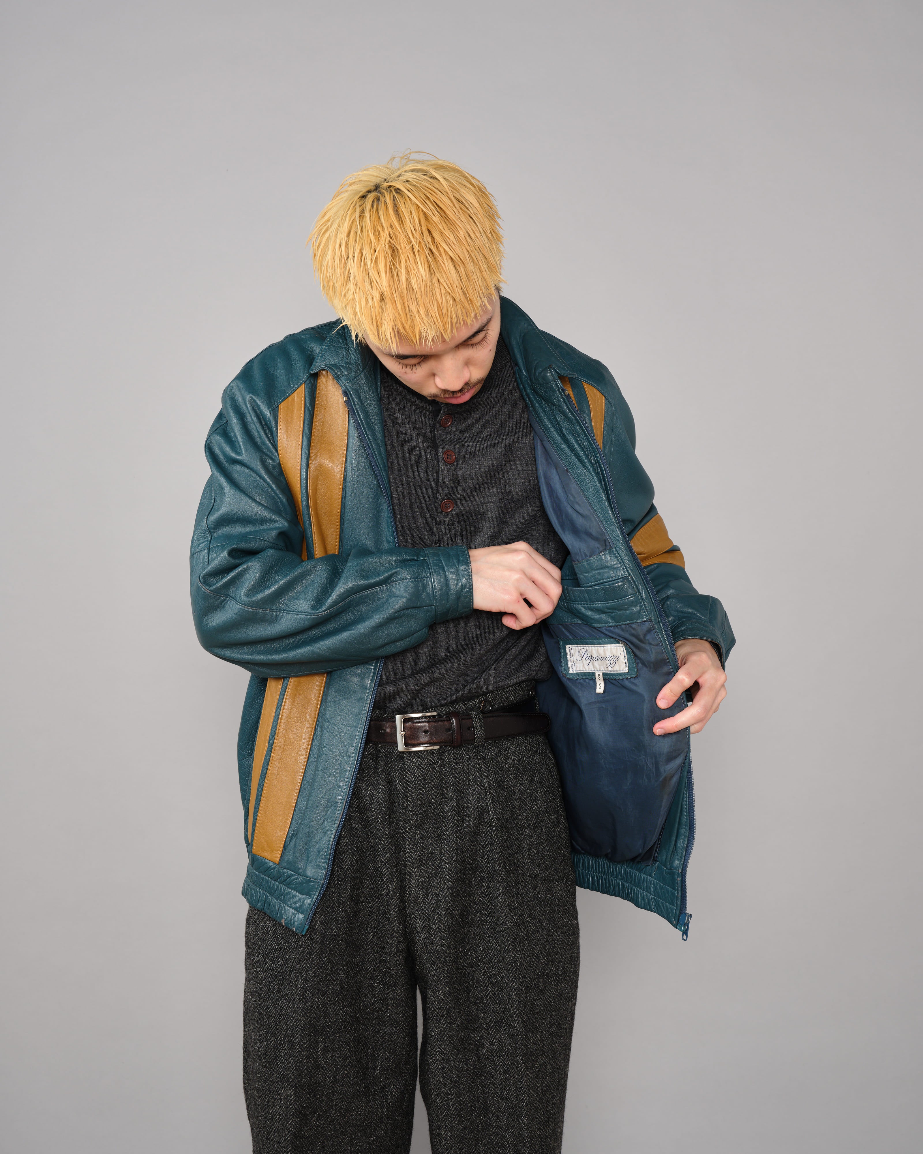 【~70's】French Vintage 2 Tone Raglan Sleeve Leather Jacket Size.S