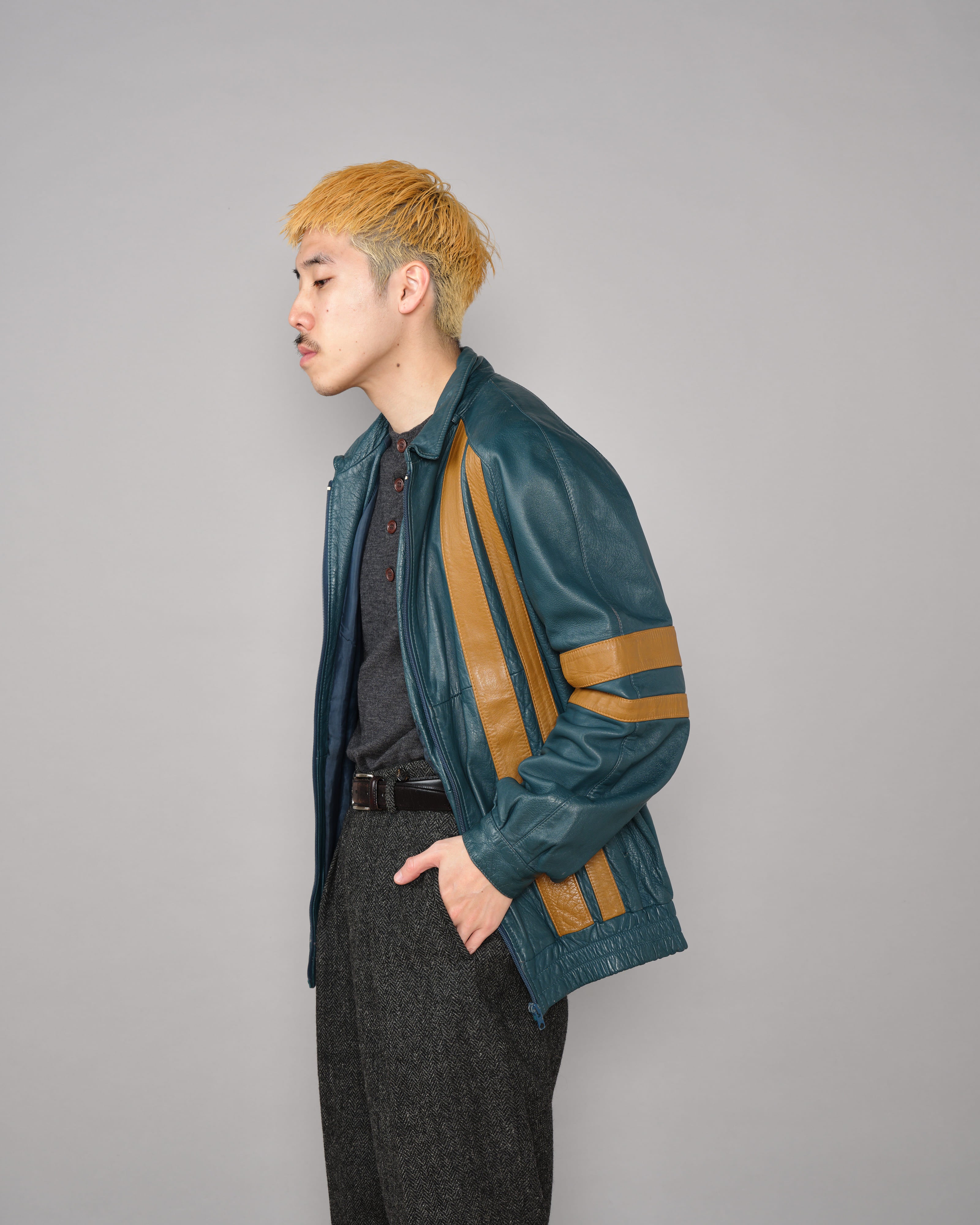 【~70's】French Vintage 2 Tone Raglan Sleeve Leather Jacket Size.S