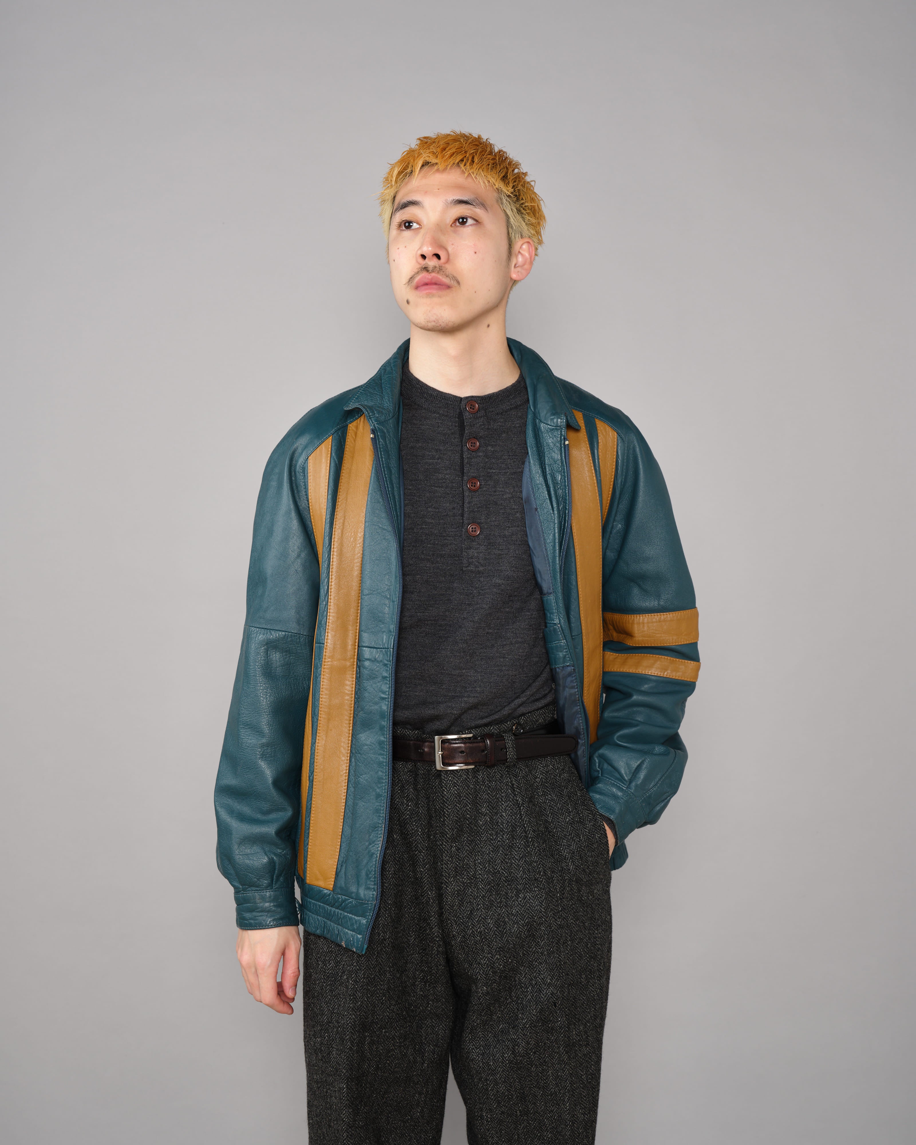 【~70's】French Vintage 2 Tone Raglan Sleeve Leather Jacket Size.S