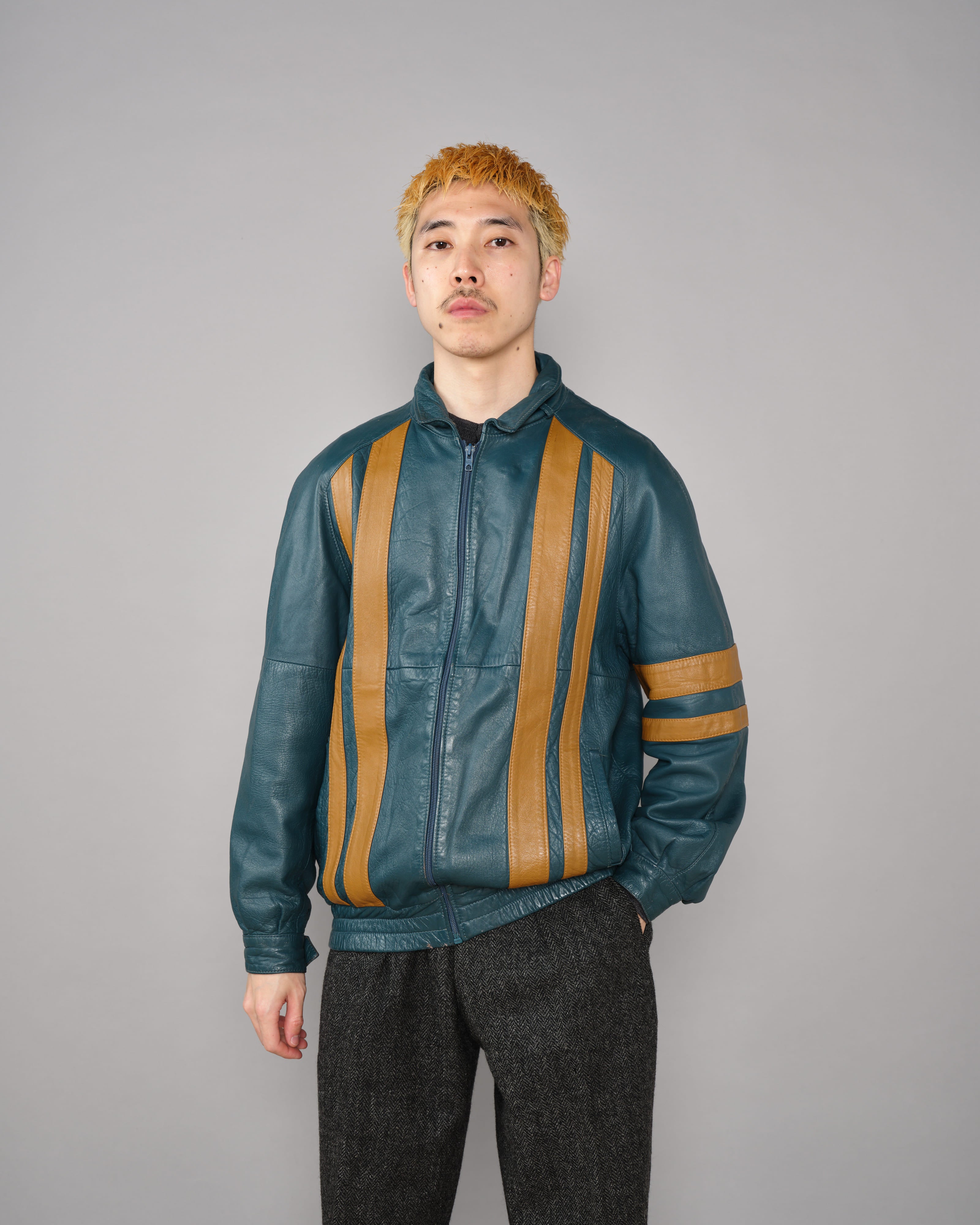 【~70's】French Vintage 2 Tone Raglan Sleeve Leather Jacket Size.S